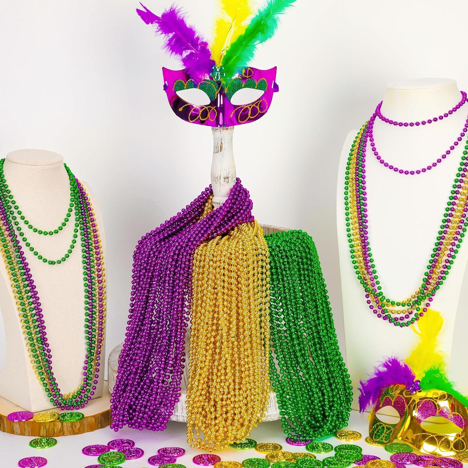 4E's Novelty 24 Pack Purple Green Gold Beads Necklaces, Mardi Gras Beads Bulk Party Supplies Festival Parade Throws Dress Up accessories