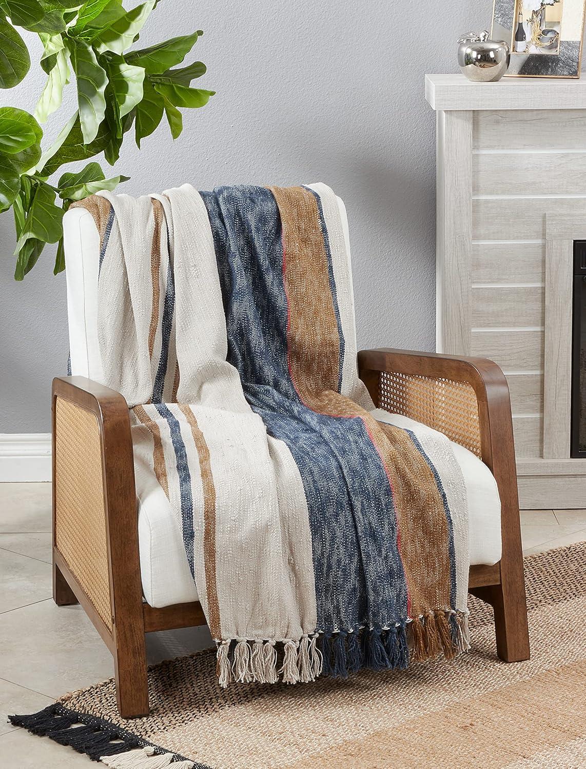 Multicolor Cotton Striped Throw Blanket with Fringe, 52"x68"