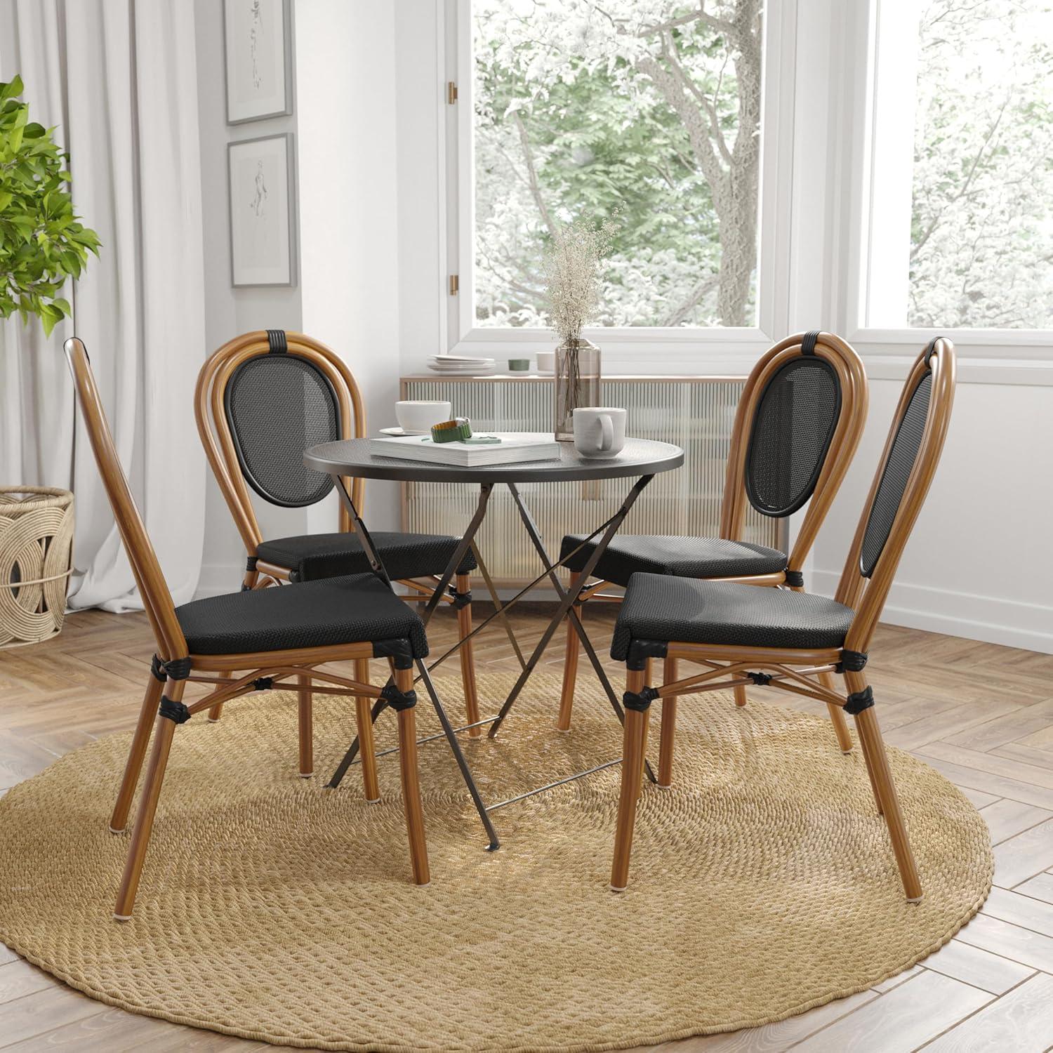 Merrick Lane Mael Set of Four Stacking Thonet Bistro Style Chair with Arms, Black & White Textilene Seat, & Bamboo Metal Frame for Indoor/Outdoor Use