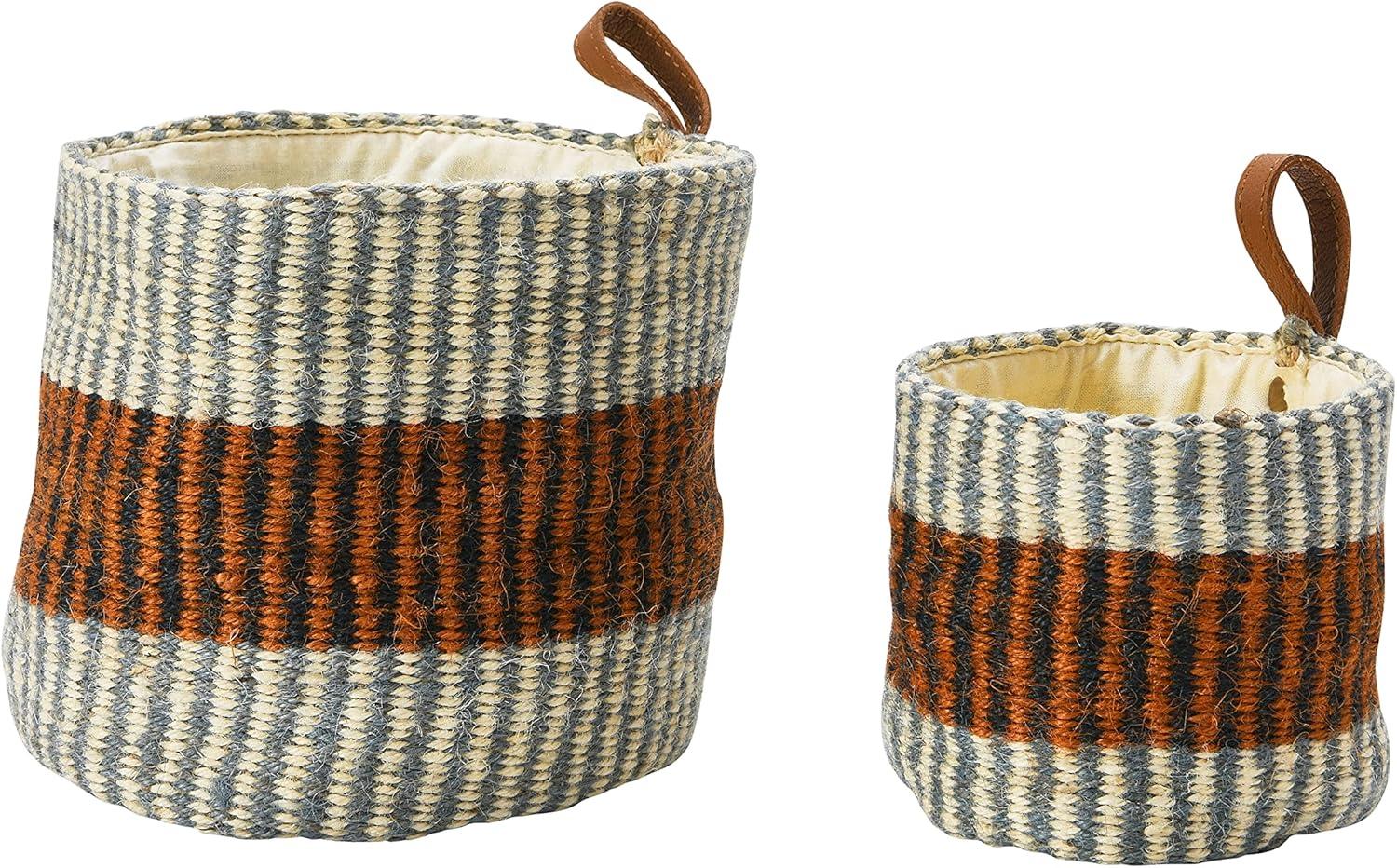 Creative Co-Op Woven Jute Baskets with Liner, Rust Striped, Set of 2 Sizes