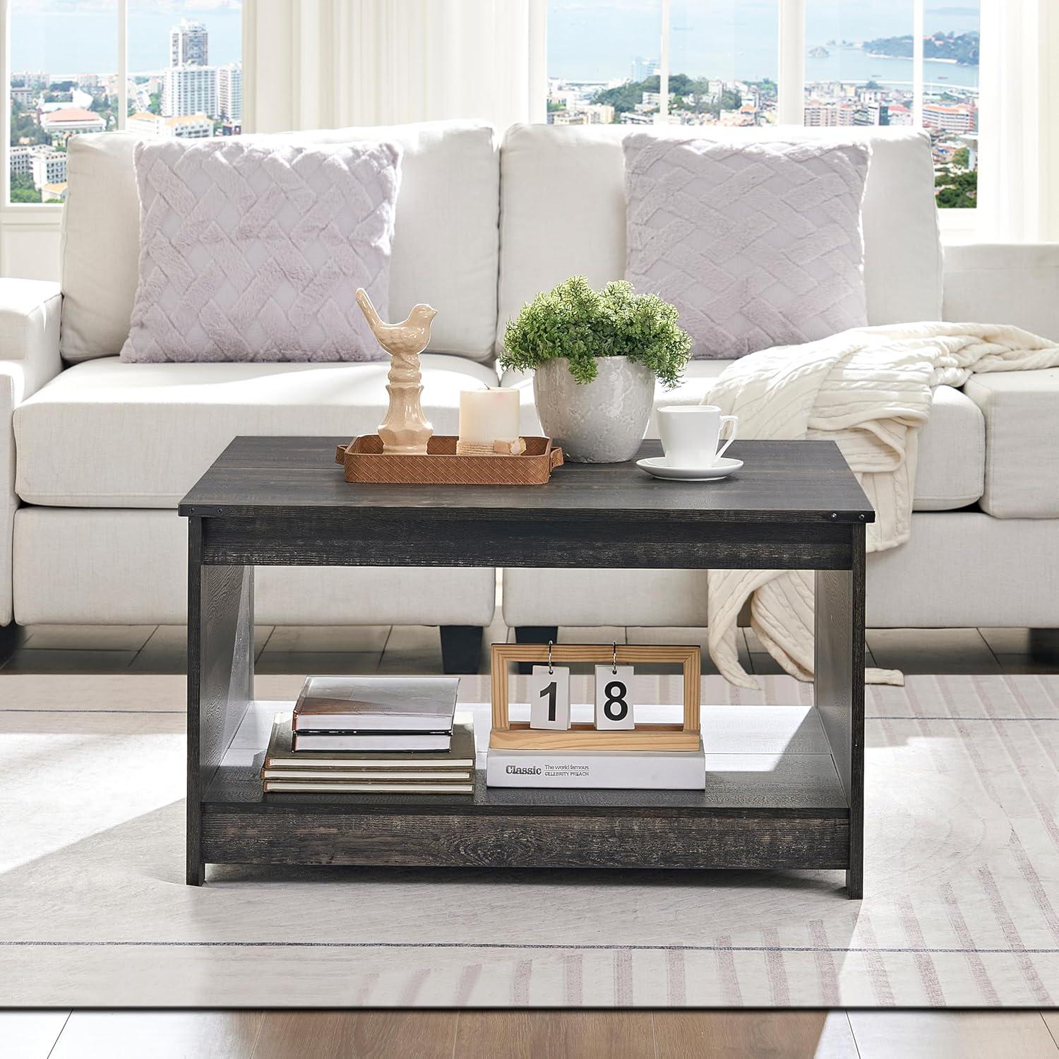 Dark Rustic Oak Square Coffee Table with Storage