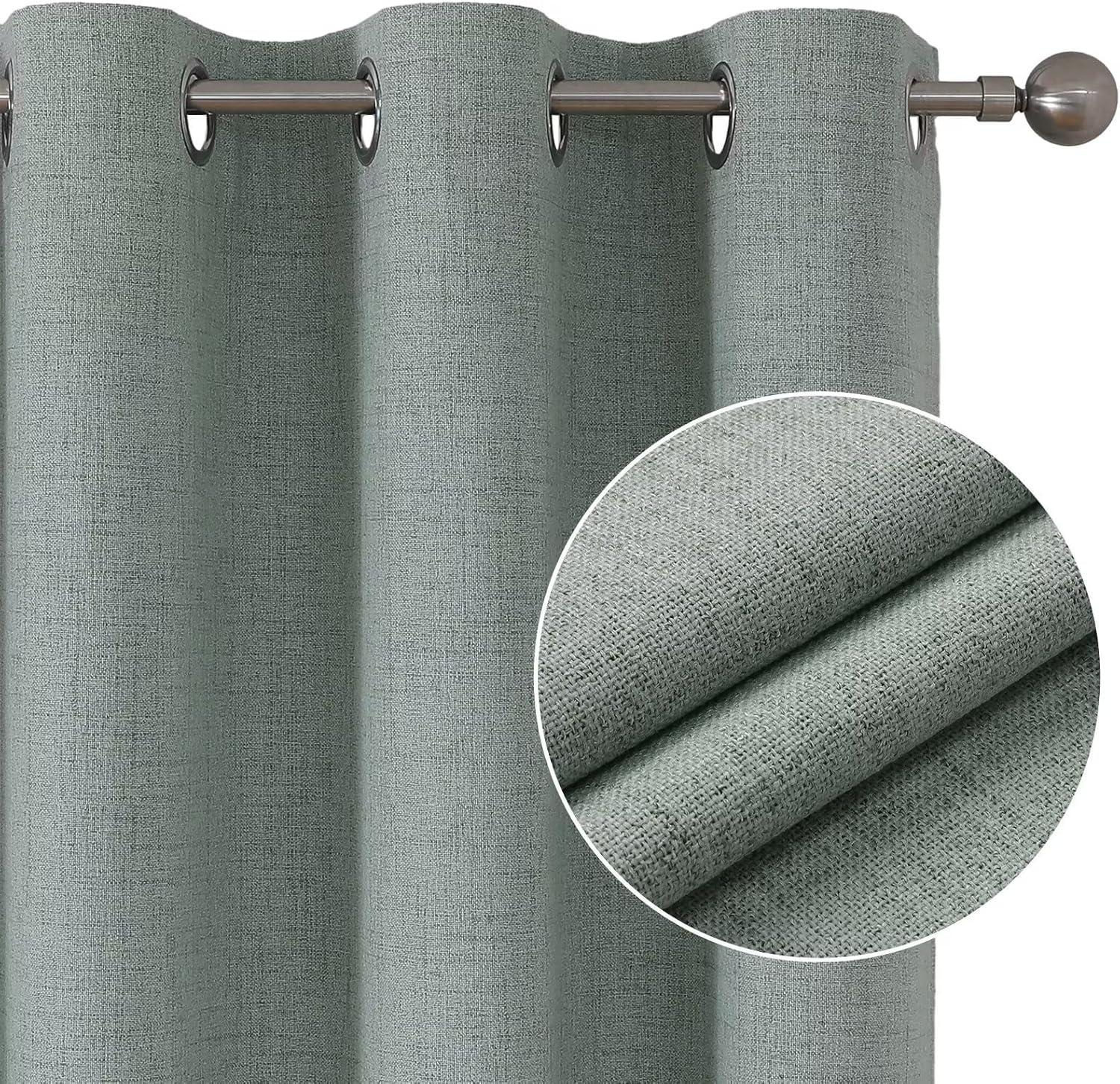 COSVIYA 100% Blackout Sage Green Linen Curtains & Drapes 84 Inch Length 2 Panels Set, Full Room Darkening Grommet Insulated Thermal Window Panels for Bedroom/Living Room,52x84 inches