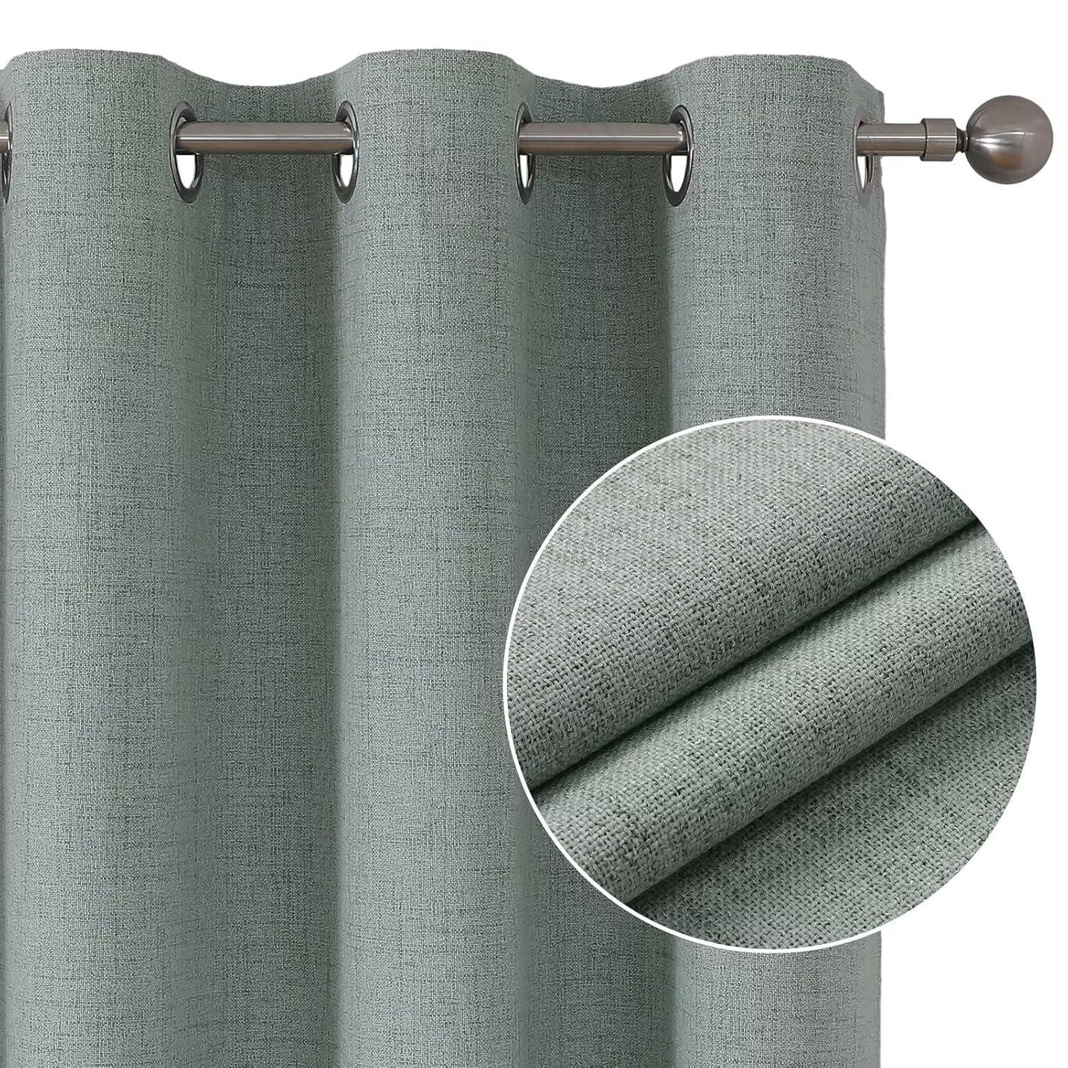 COSVIYA 100% Blackout Sage Green Linen Curtains & Drapes 84 Inch Length 2 Panels Set, Full Room Darkening Grommet Insulated Thermal Window Panels for Bedroom/Living Room,52x84 inches
