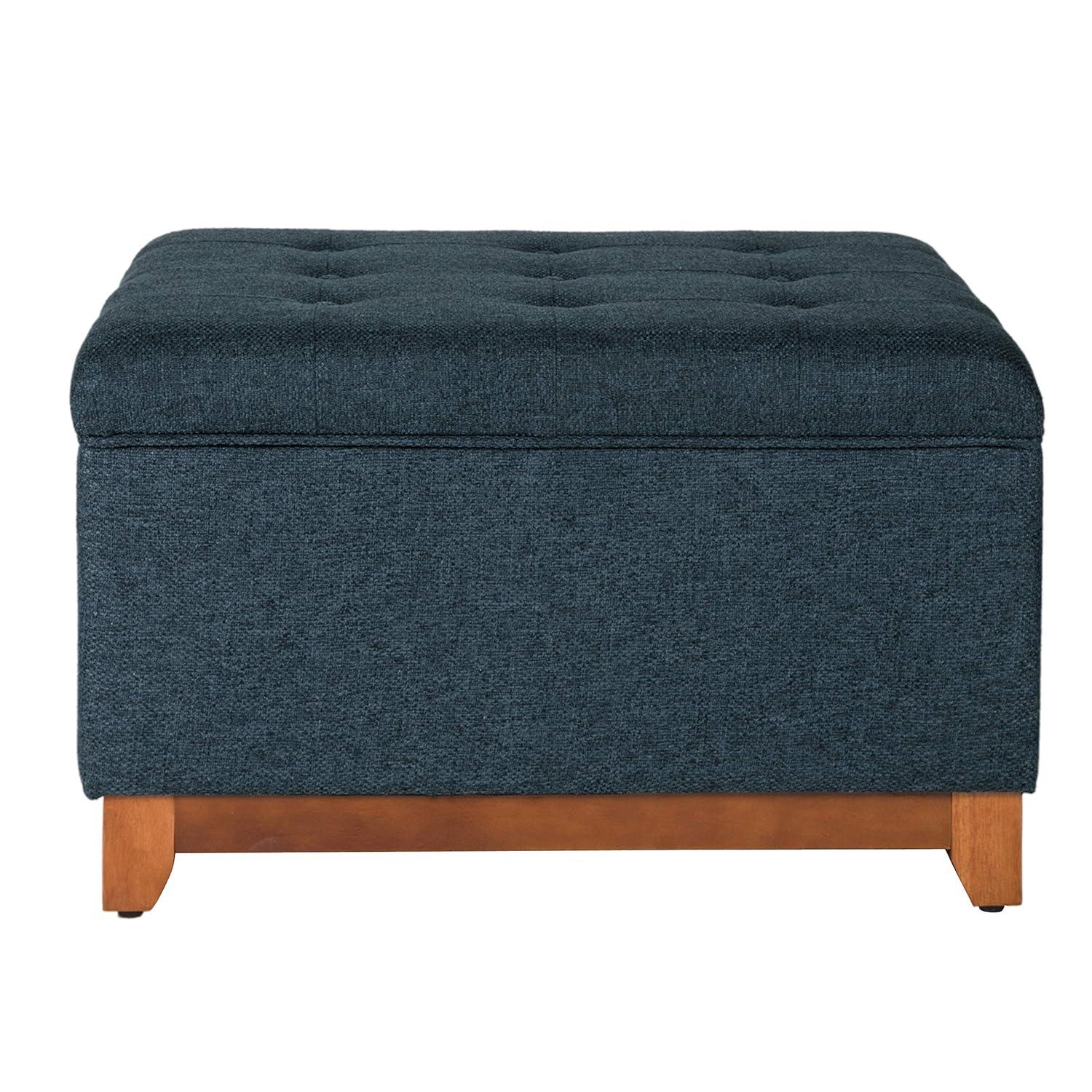 Cocktail Storage Bench Navy - HomePop: Upholstered, Tufted, Wood Base, Honey Oak Finish