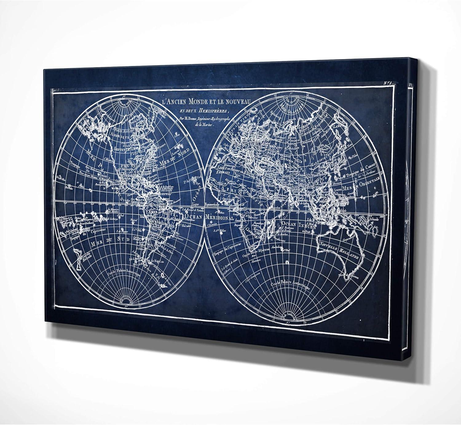 Vintage Blue World Map Canvas Print 21x41