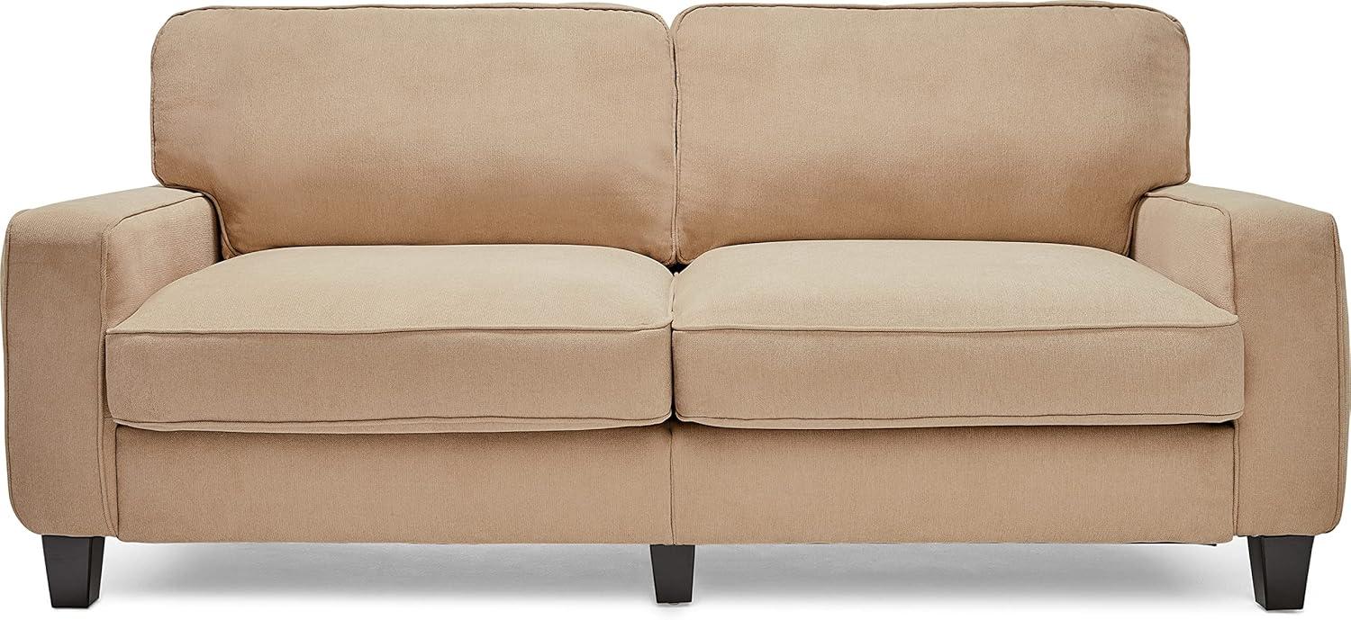 Navarre Beige Leather Track Arm Sofa with Wood Accents and Removable Cushions