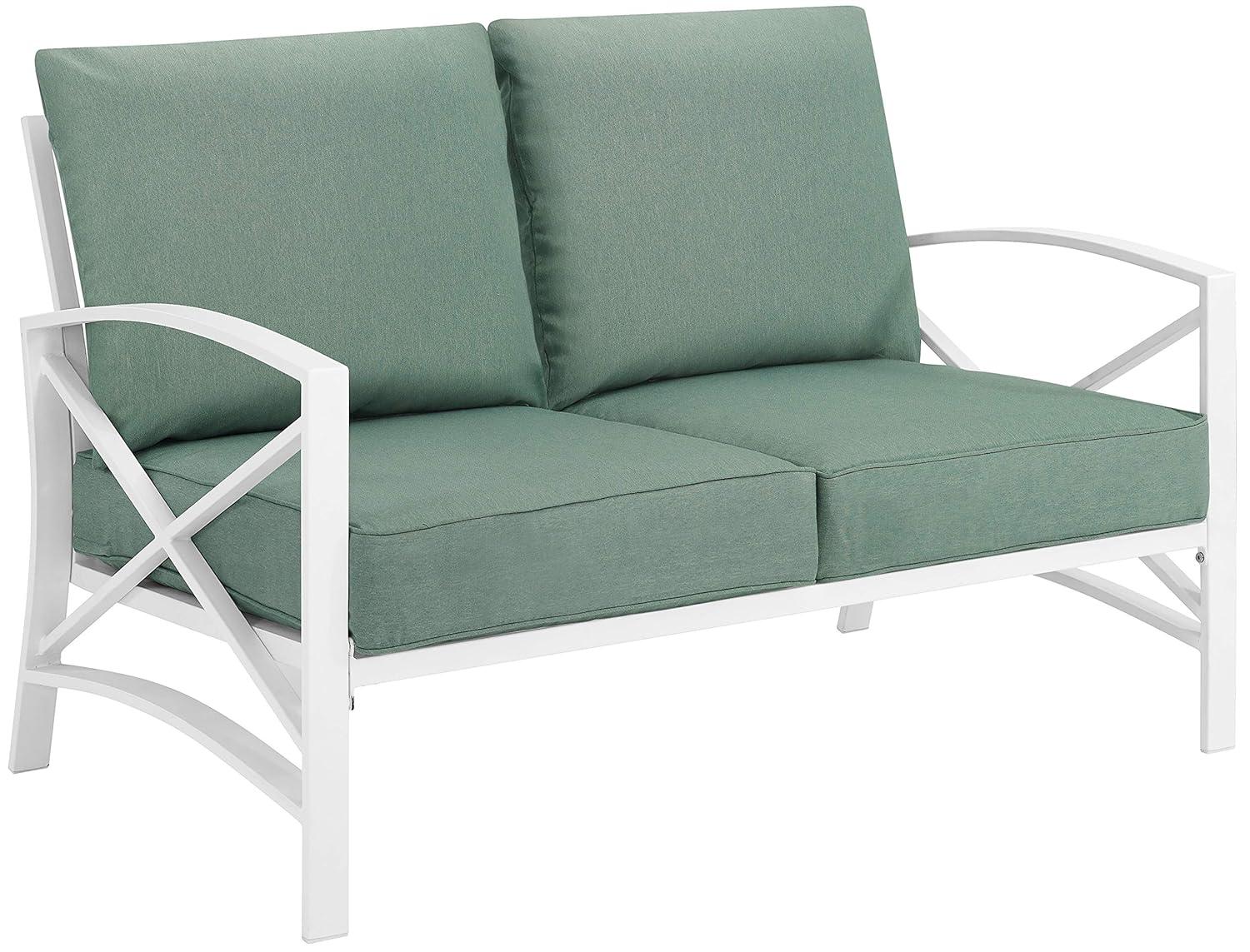 Kaplan Loveseat White/Teal - Crosley: UV-Resistant, Padded Outdoor Sofa with Steel Frame, Seats 2