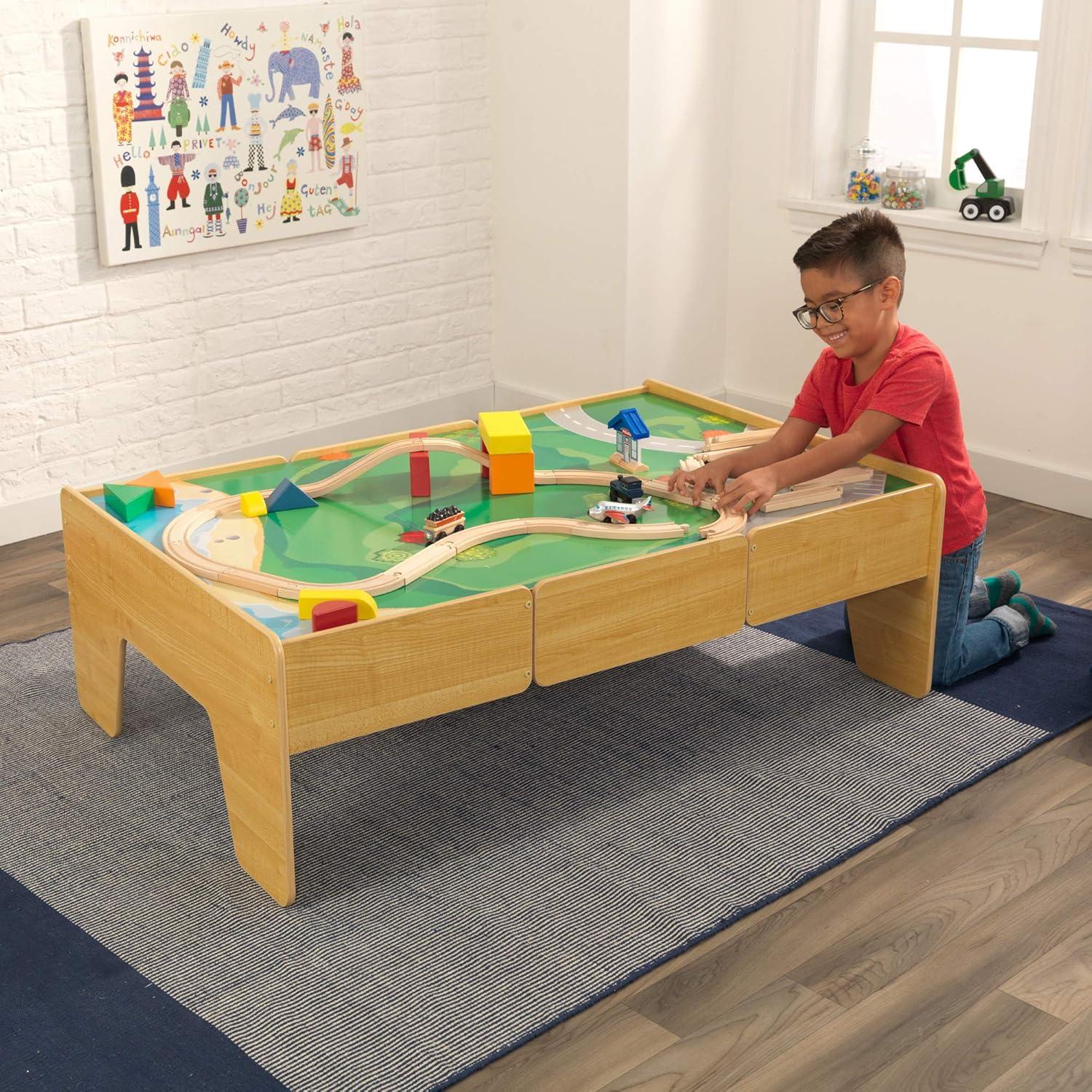 KidKraft Double-Sided Wood Train & Activity Table with Drawer, Natural