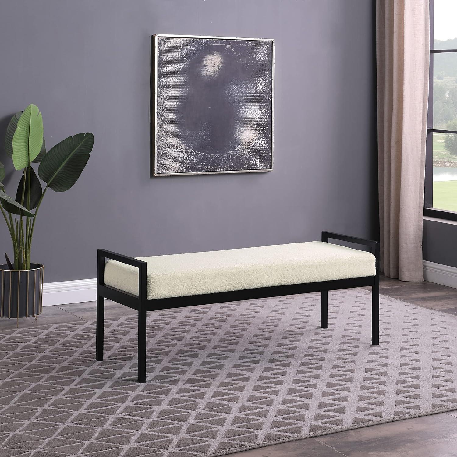 Modern Metal Faux Shearling Bench Cream - HomePop