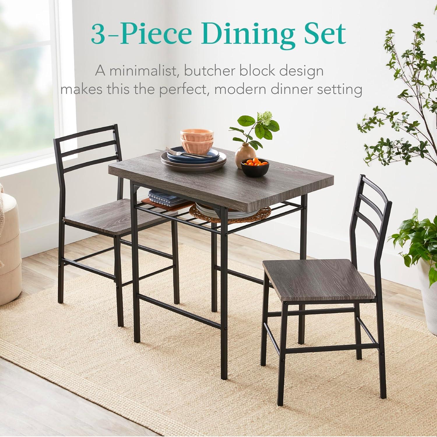 Best Choice Products 3-Piece Modern Dining Set, Square Table & Chairs Set w/ Steel Frame, Built-In Storage Rack