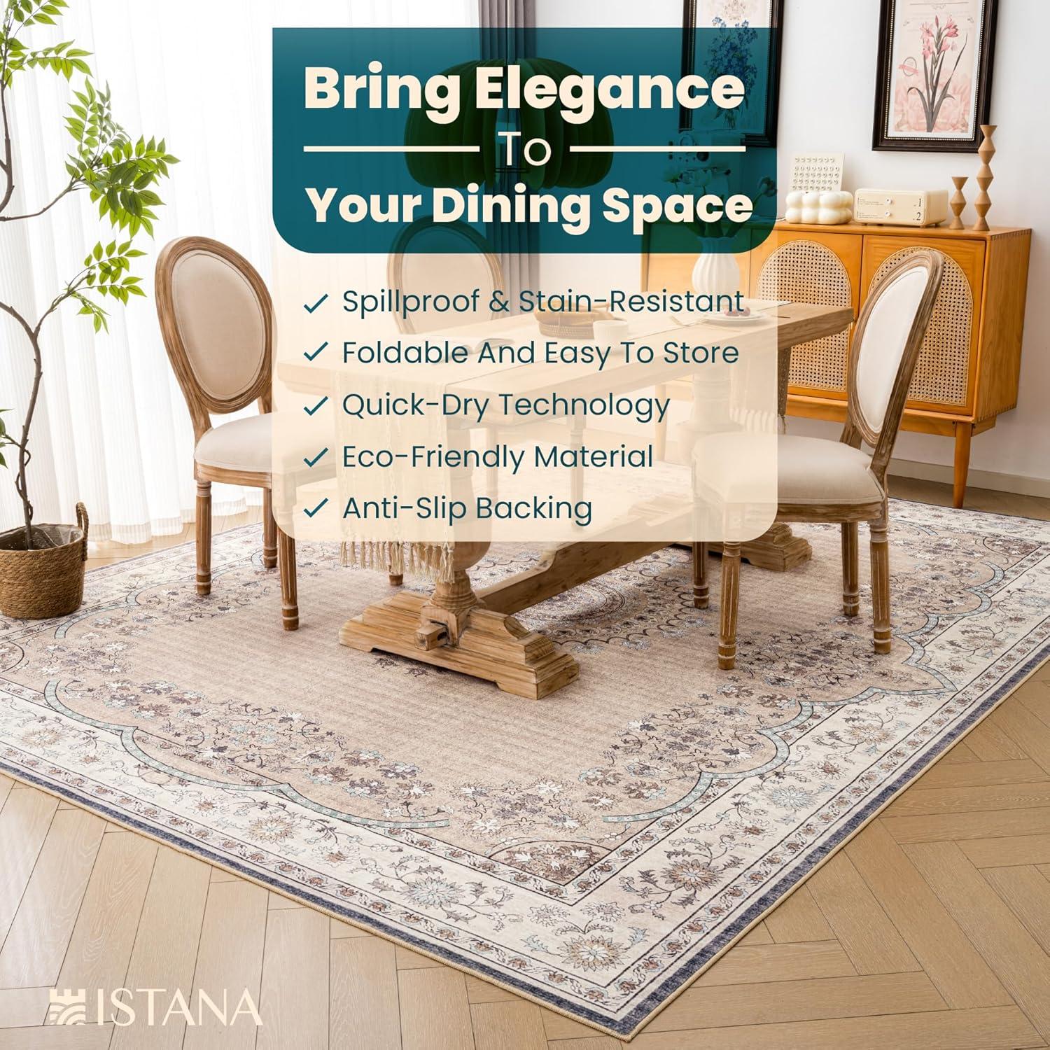 Istana Beige Area Rug 8x10, Machine Washable, Stain Resistant, Foldable, Non-Shedding, Farmhouse Rugs for Living Room, Eco-Friendly
