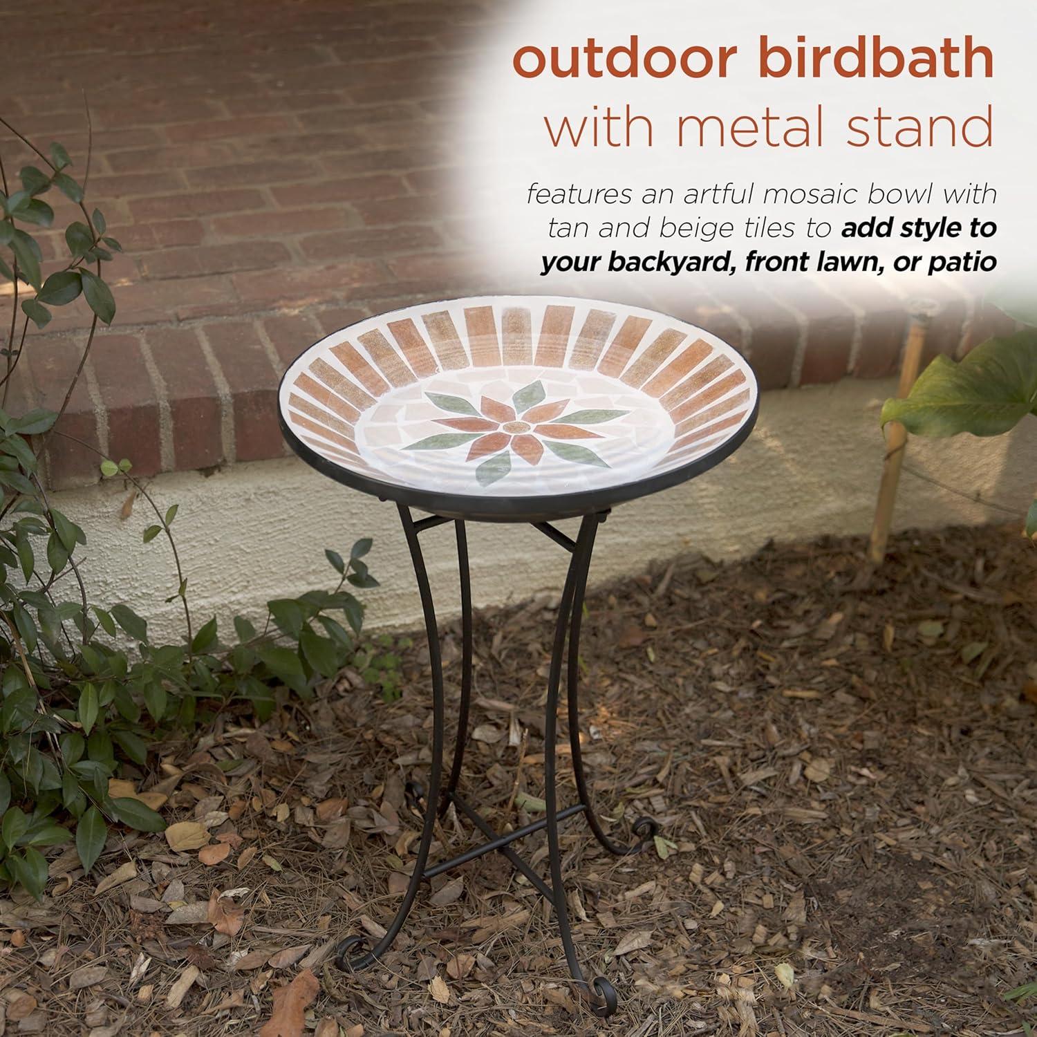 25" Outdoor Decorative Mosaic Birdbath with Metal Stand - Alpine Corporation: Weather-Resistant Iron Base