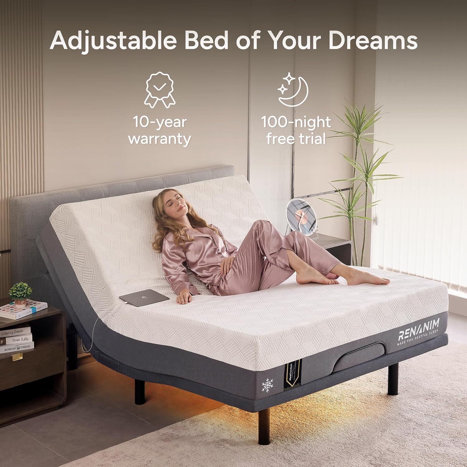 Renanim Serenityflex Adjustable Base & Hybrid Mattress – Split King-Size Adjustable Base with 12 in. Cooling Gel Mattress, Massage, USB Ports, Remote & Under-Bed Light – Reclining Electric Bed Frame