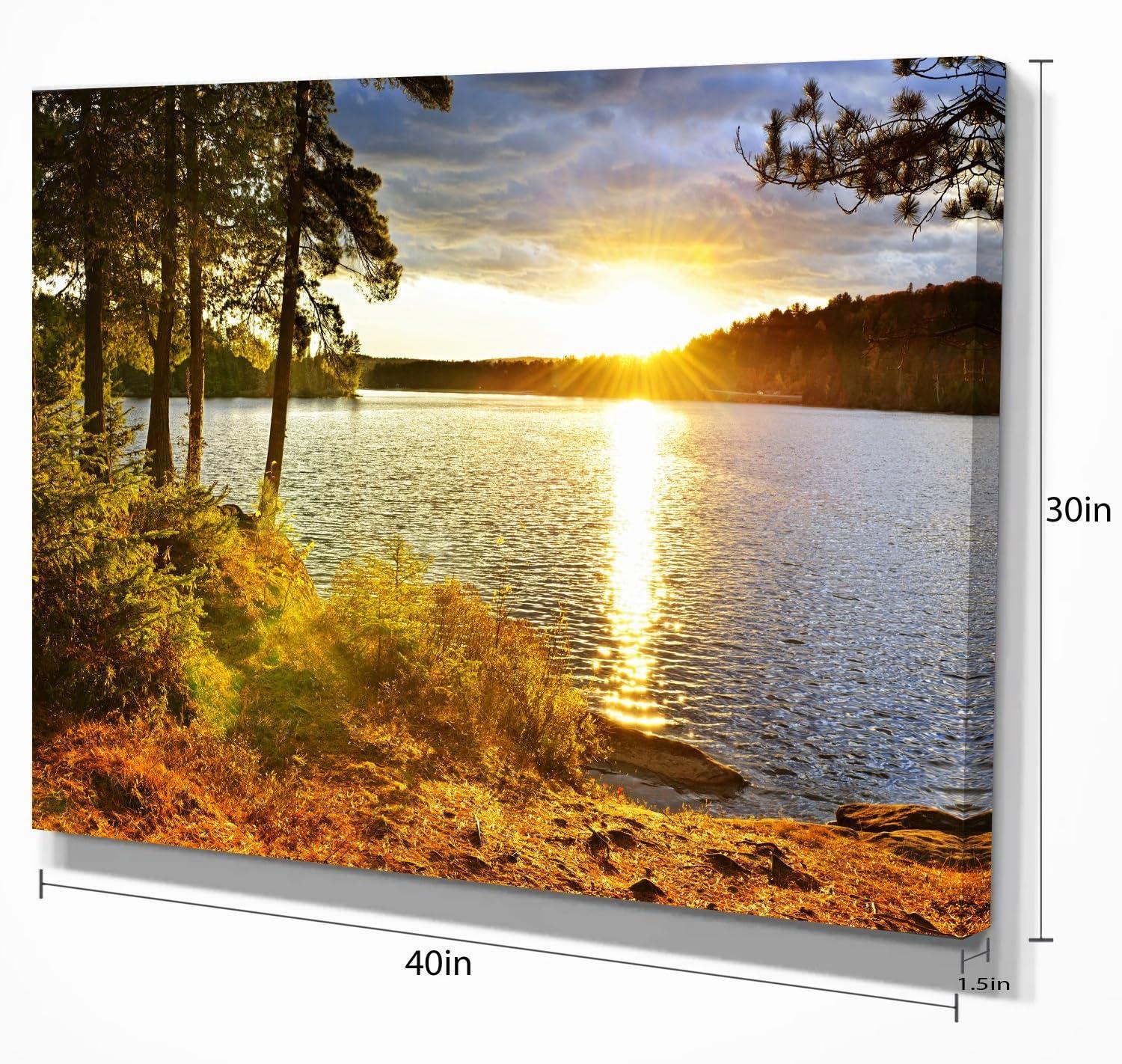 Golden Sunset Over Lake Landscape Canvas Print