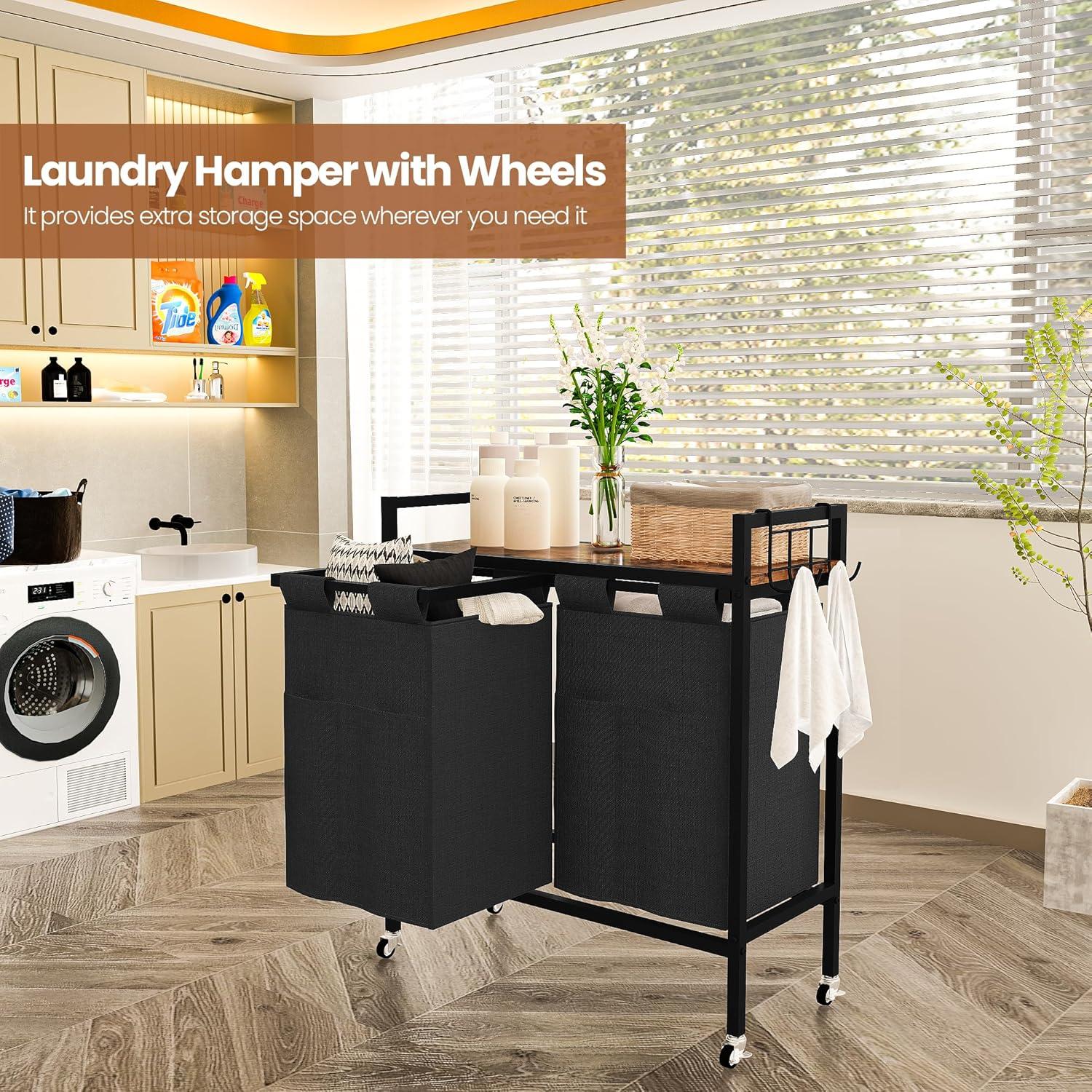 VASAGLE Laundry Hamper Laundry Basket with 2 Pull-Out Bags Laundry Sorter with Shelf