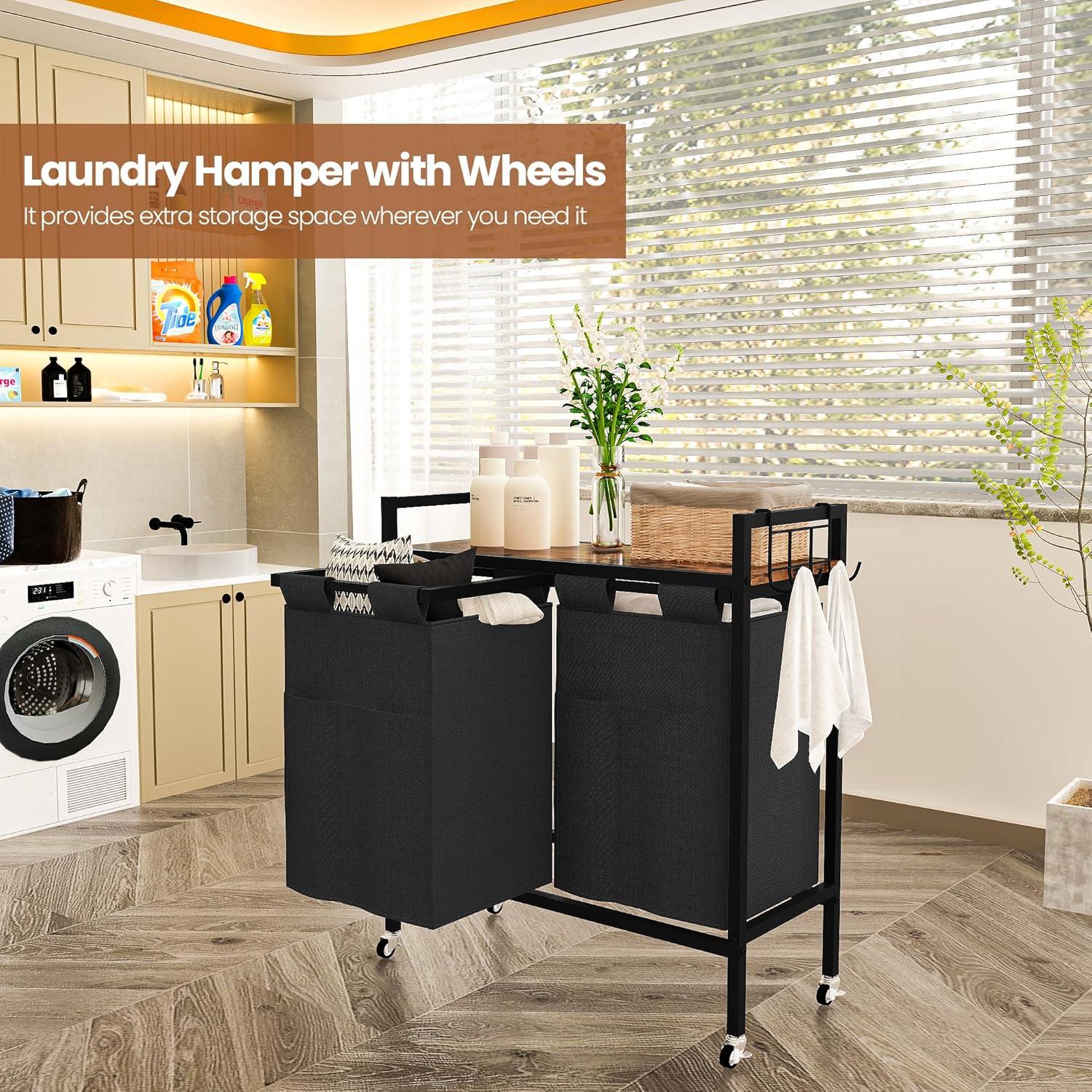 VASAGLE 46L Laundry Hamper Laundry Basket with 2 Pull-Out Bags Laundry Sorter with Shelf Rustic Brown and Black