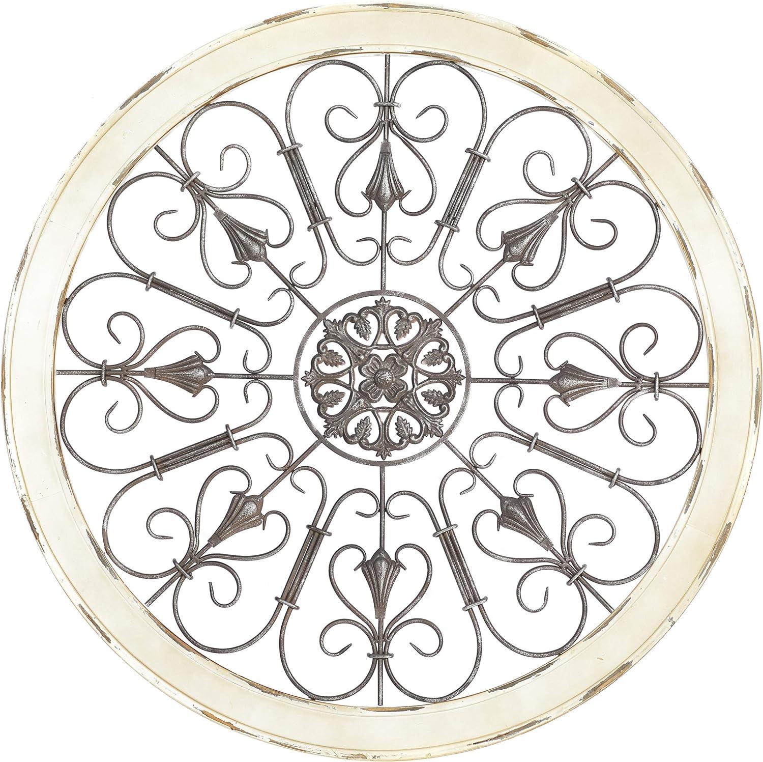 DecMode Brown Wood Arabesque Scroll Wall Decor with Metal Fleur De Lis Relief