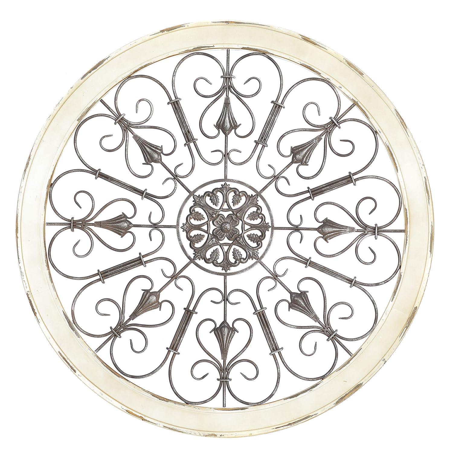 DecMode Brown Wood Arabesque Scroll Wall Decor with Metal Fleur De Lis Relief