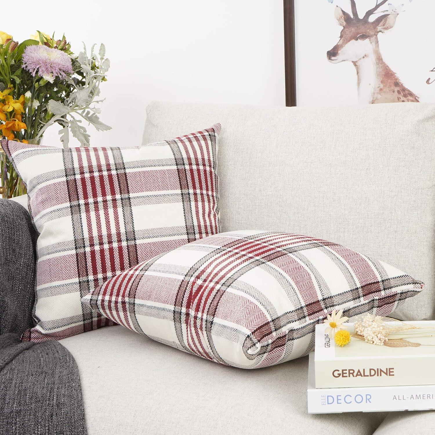 Fundas de Almohada de Lino y Algodón con Rayas a Cuadros de Búfalo Rojo, 18x18 Pulgadas, Juego de 2, Estilo Granja Vintage