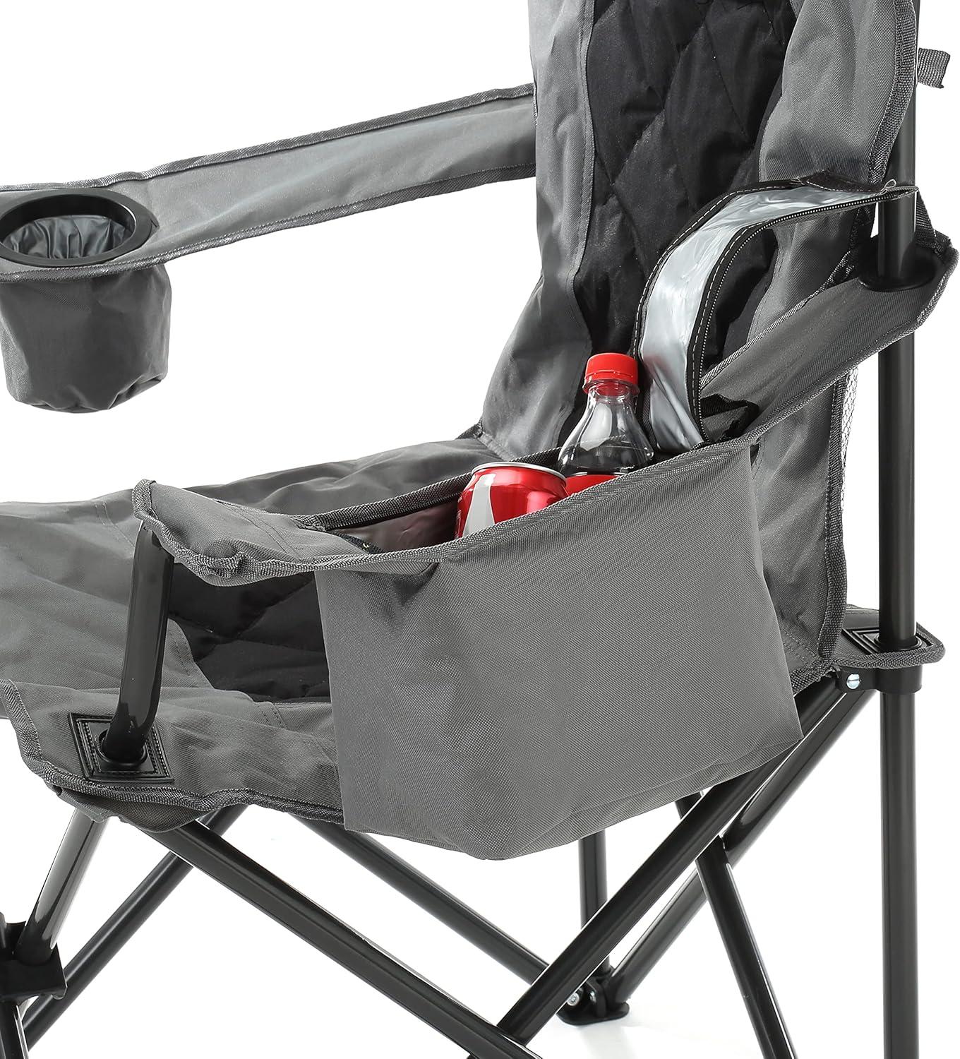 ARROWHEAD OUTDOOR Folding Camping Quad Chair w/ 6-Can Cooler, Cup & Wine Glass Holders, w/ Carrying Bag, Gray