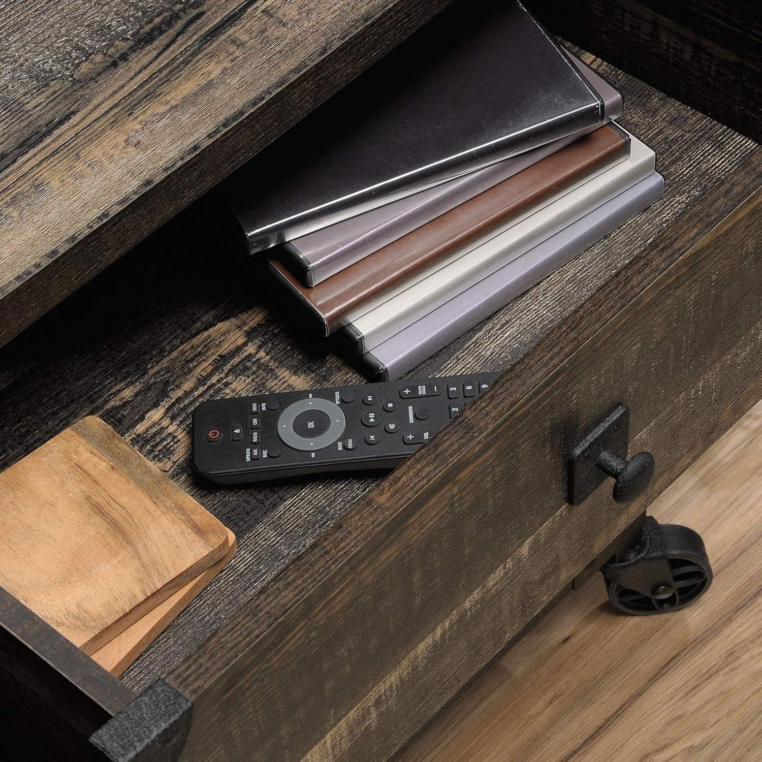 Steel River TV Stand for TVs up to 55" Brown - Sauder: Industrial Style, Open Shelving, Metal Frame