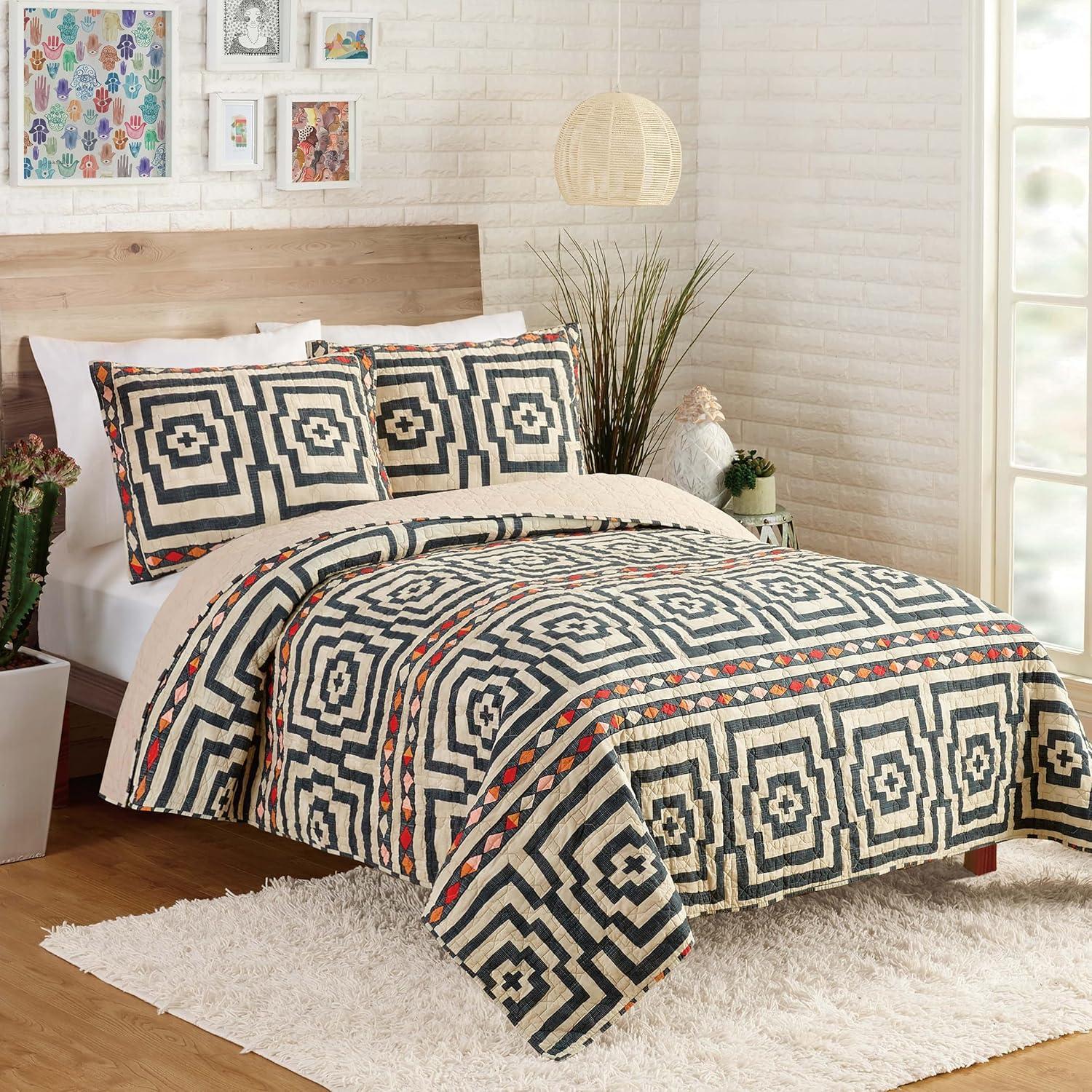 Jungalow 2pc Twin/Twin Extra Long Hypnotic Quilt Set Black: Bohemian Style, Cotton Weave, Includes Sham