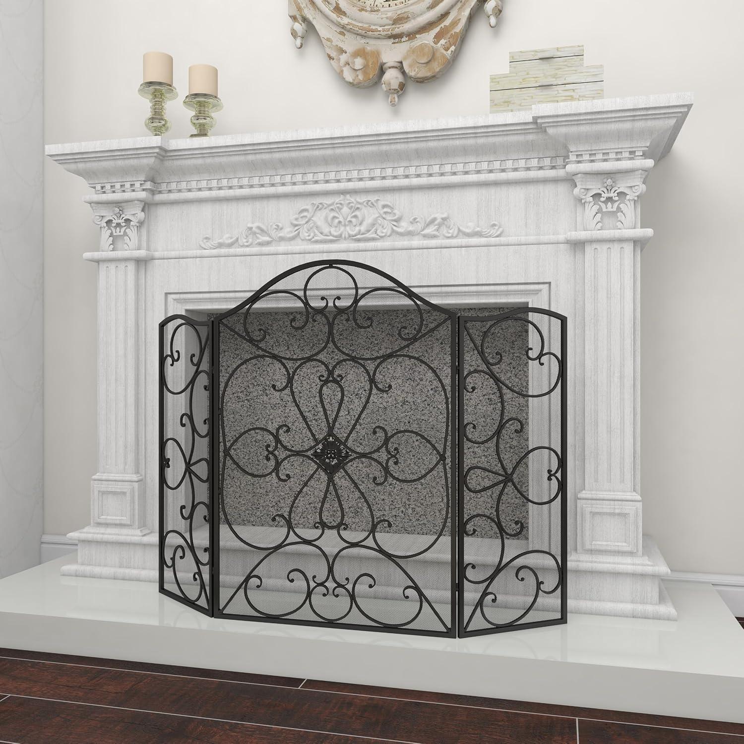 DecMode 49" x 36" Black Metal Foldable 3 Panel Scroll Fireplace Screen with Mesh Netting, 1-Piece