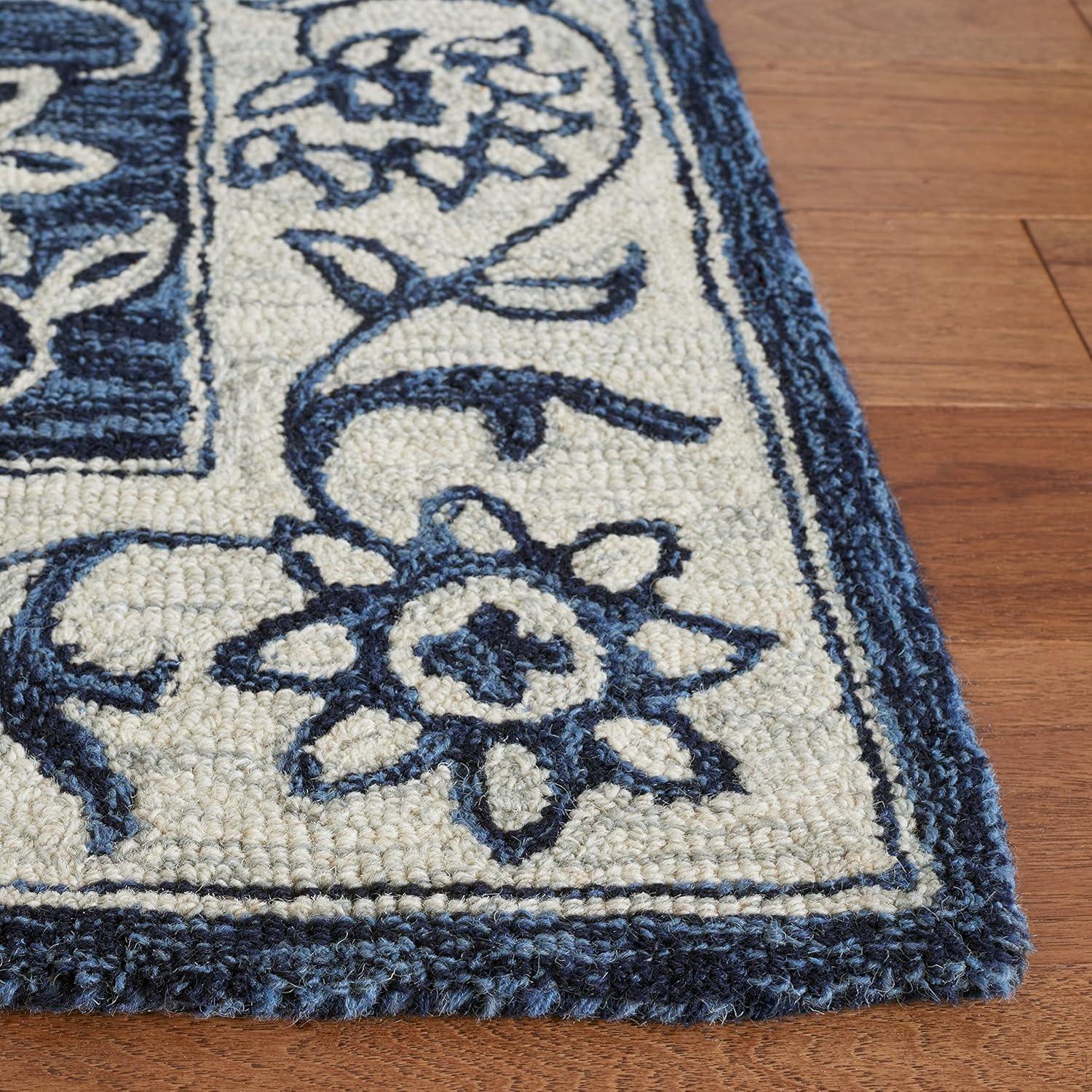 Ivory and Navy Floral Handmade Wool Area Rug, 3' x 5'