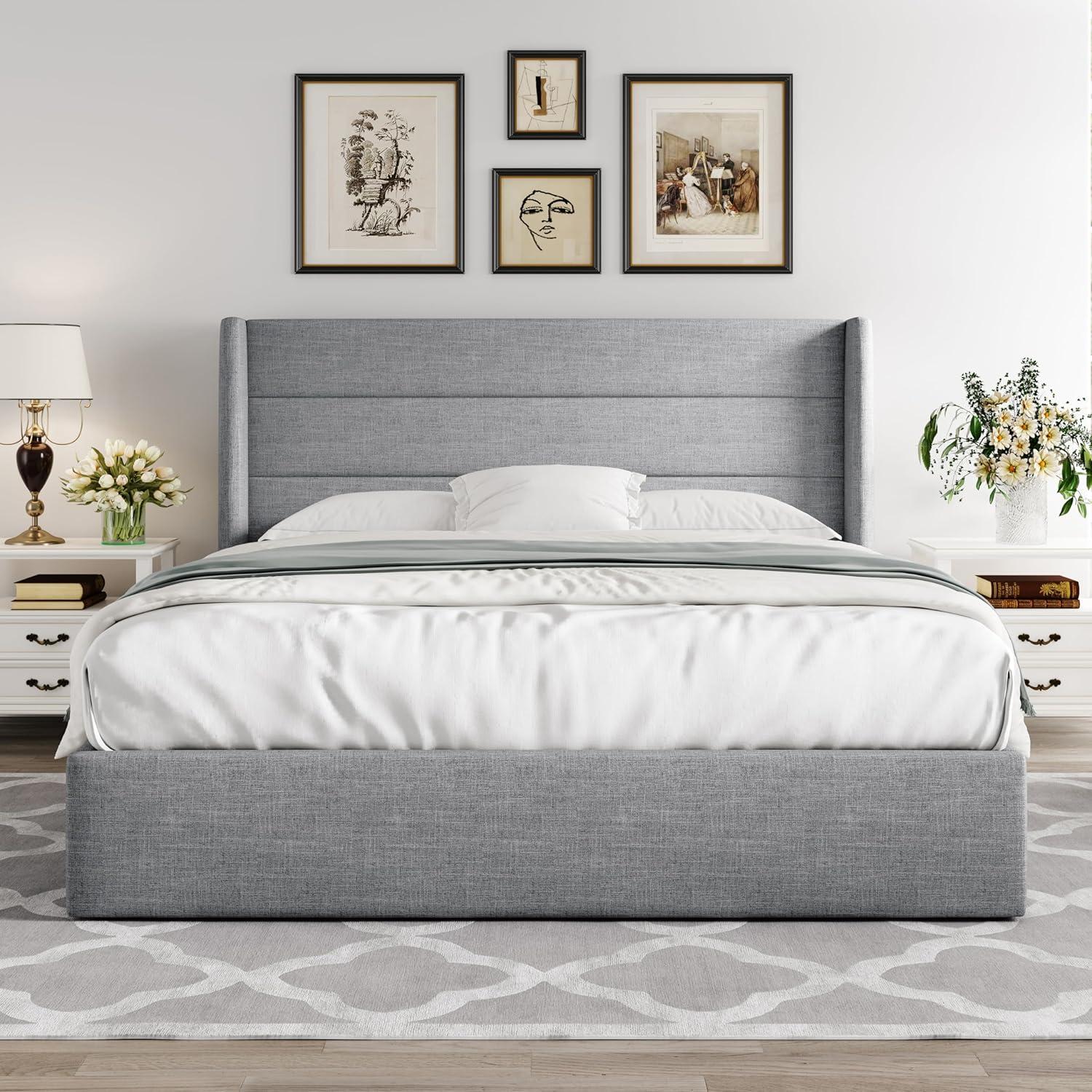 Light Gray Full Size Upholstered Storage Bed with Wingback Headboard