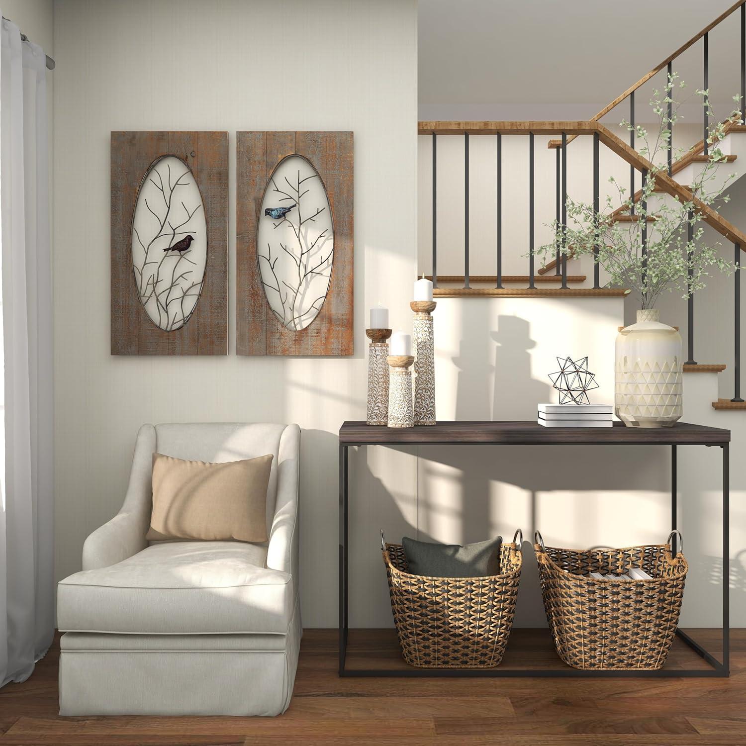 Gracie Oaks Mango Wood Floral Handmade Decorative Candle Holder Carved Pillar Candle Stand With Cream Accents, Set Of 3 Candlestick Holder 6", 8", 10"H, Brown