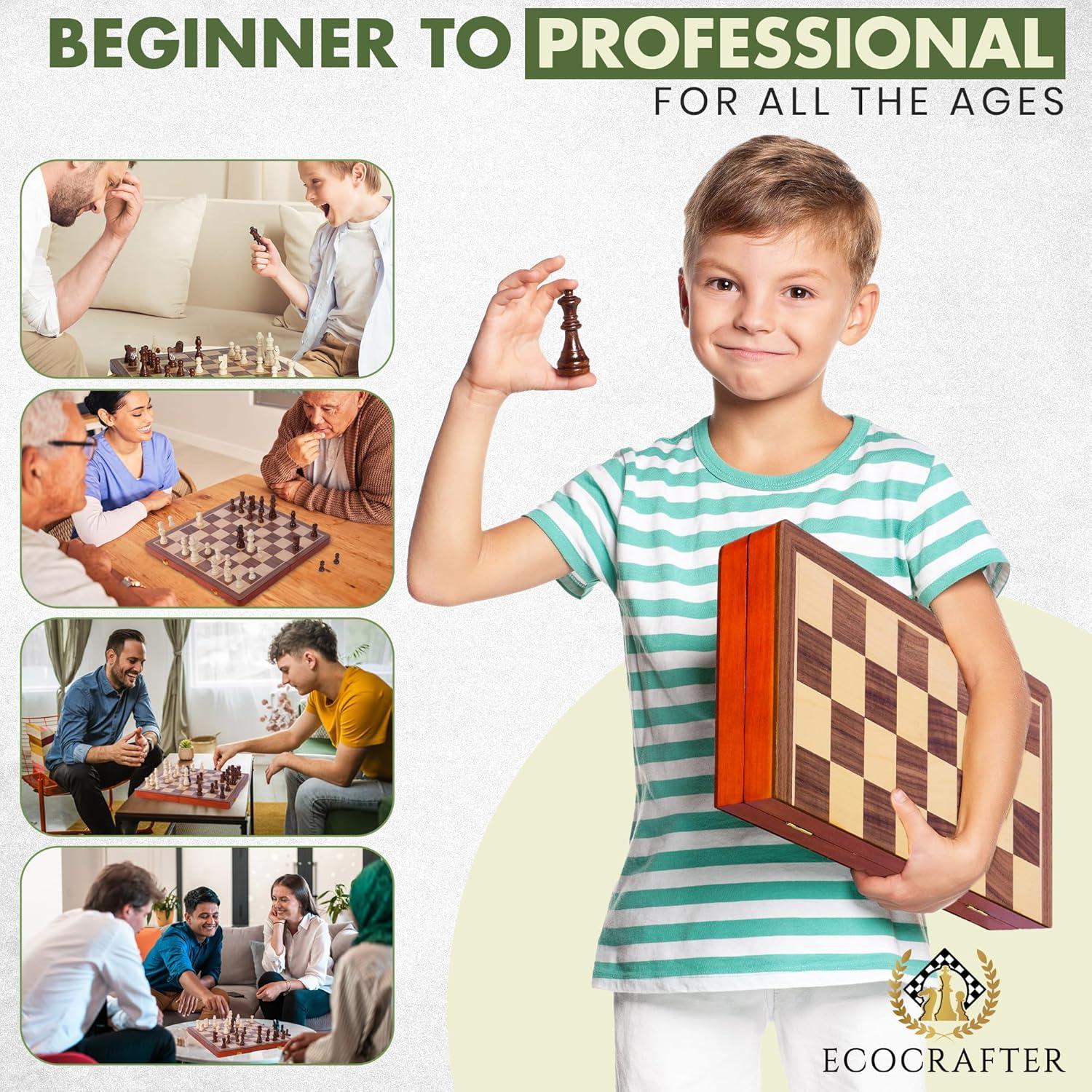 KiddiTouch 15 inch Magnetic Wooden Chess Set 2 in 1 Folding Chess Board Travel Chess Games for Adults and Kids