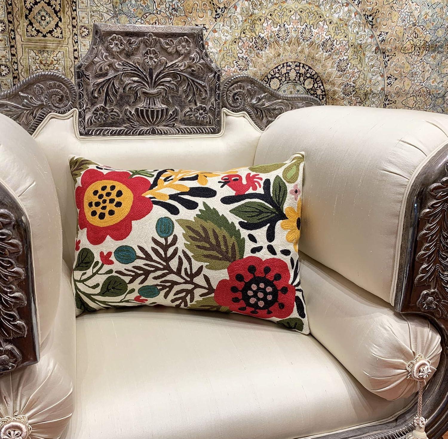 Hand Embroidered Floral Cotton Lumbar Throw Pillow