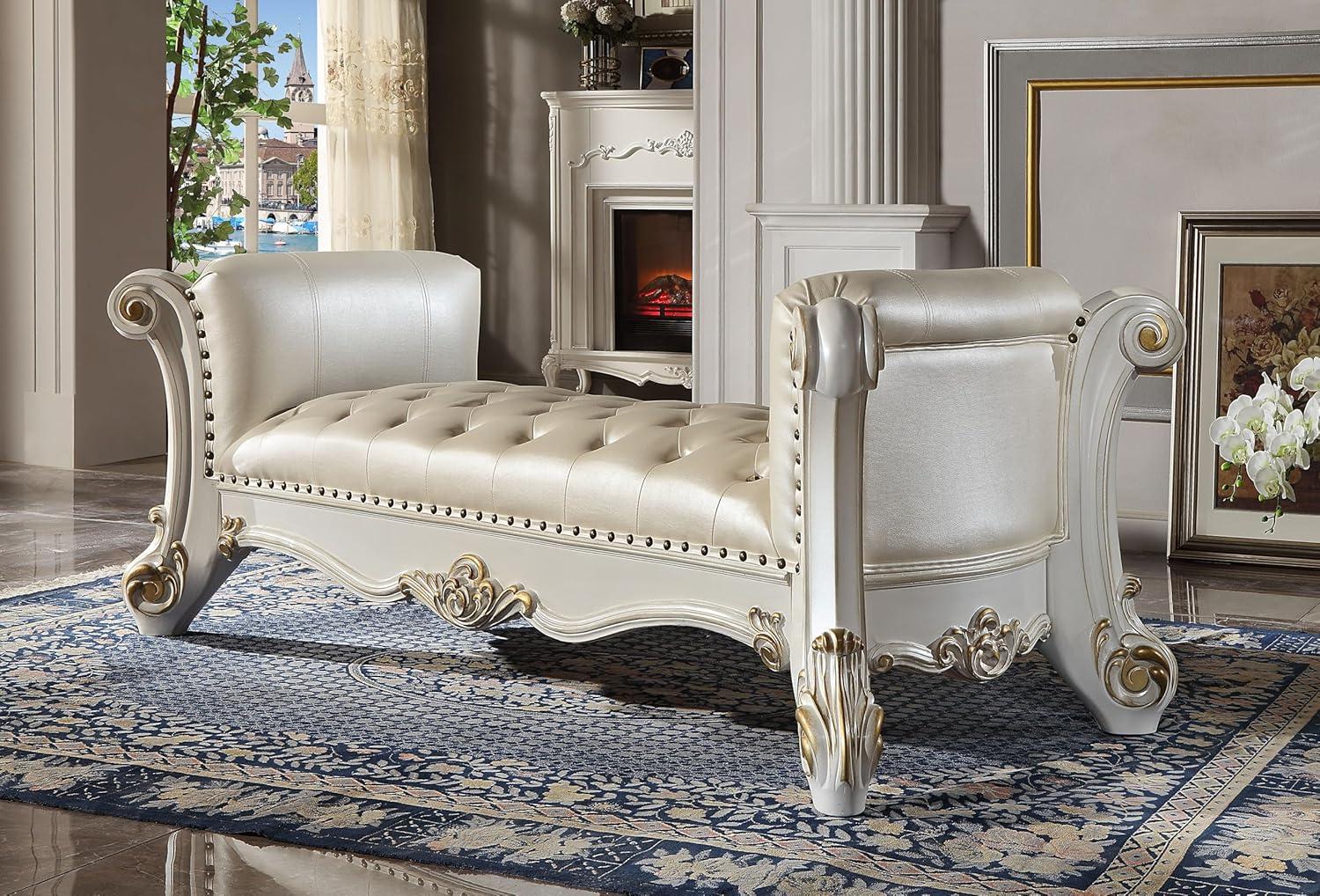 Acme Furniture 74" Vendome Ottoman and Bench Pearl Synthetic Leather and Antique Pearl Finish: Linen Upholstery, Metal Legs, No Tools Assembly