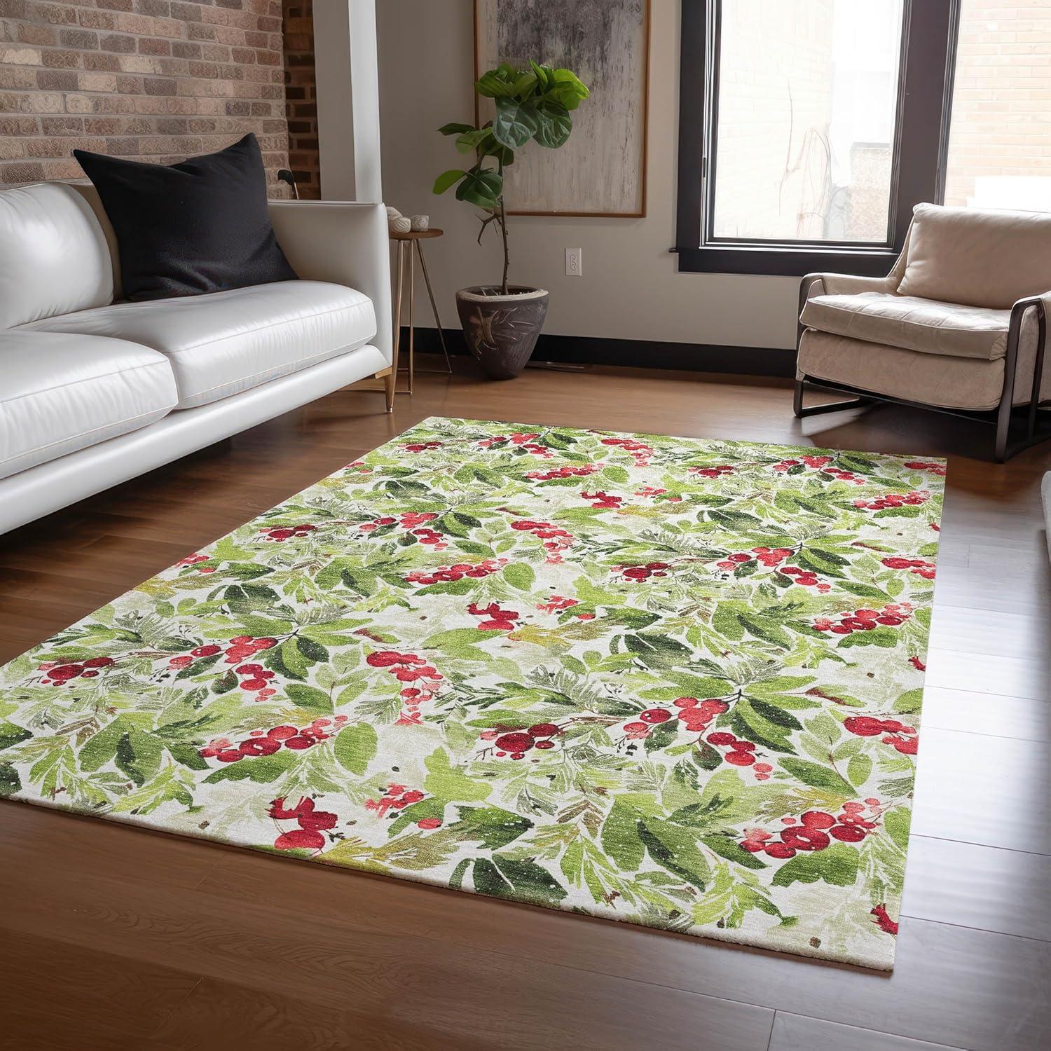 Aloe and Red Holly Berry Washable Synthetic Rug