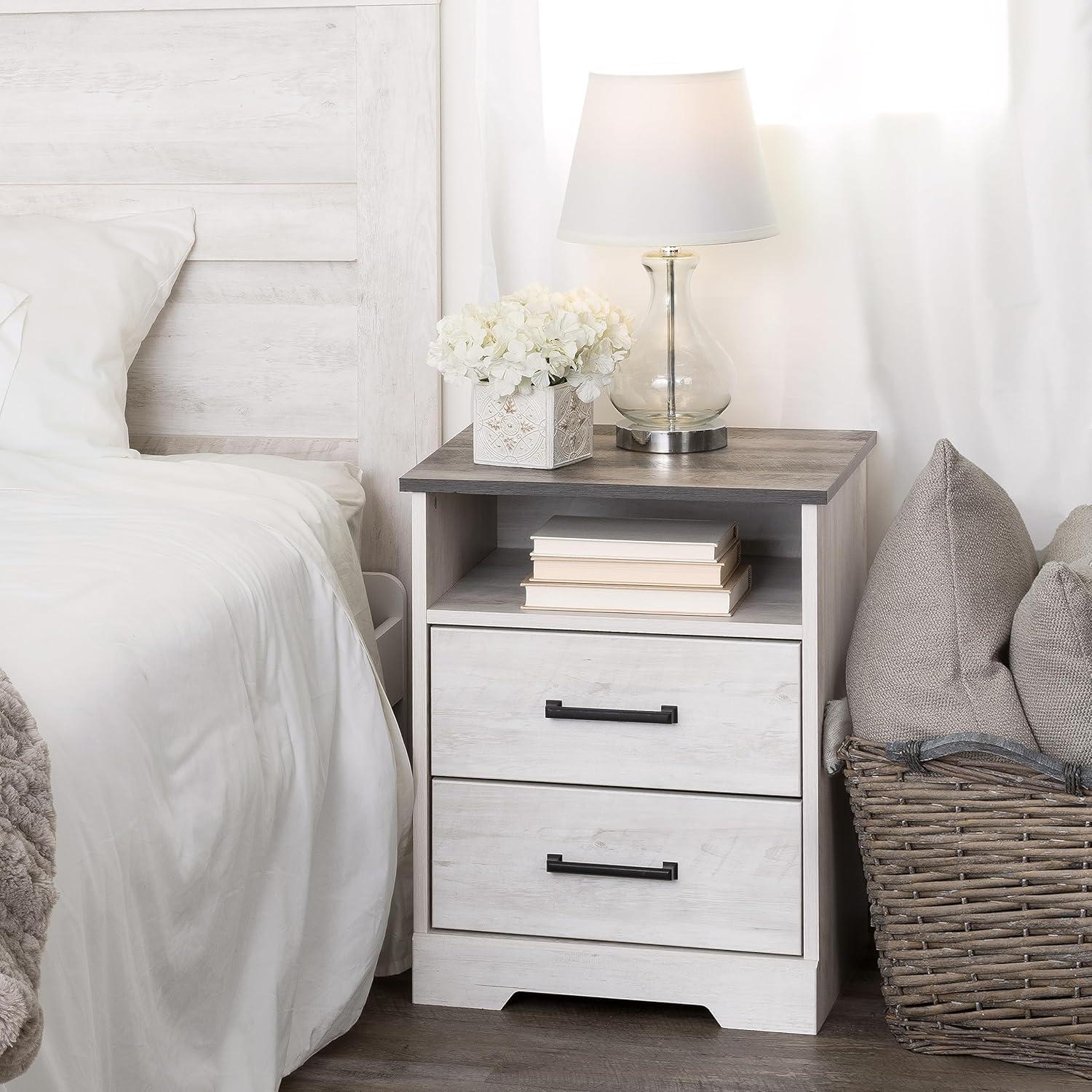 Prepac Rustic Ridge Farmhouse Nightstand with 2 Drawers and Open Cubby Washed White