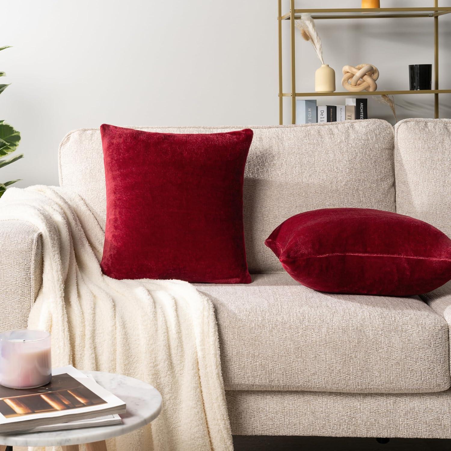 PAVILIA Set of 2 Throw Pillow Covers, Decorative Velvet Square Cushion Cases for Bed Sofa Couch Bedroom Living Room, Red/20 x 20