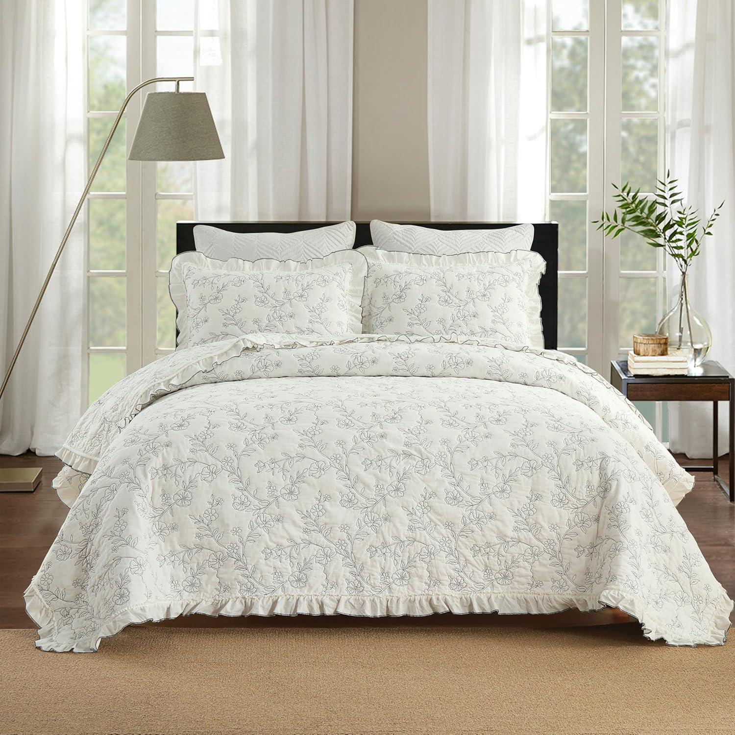 Queen Size White Cotton Floral Embroidered Bedspread Set