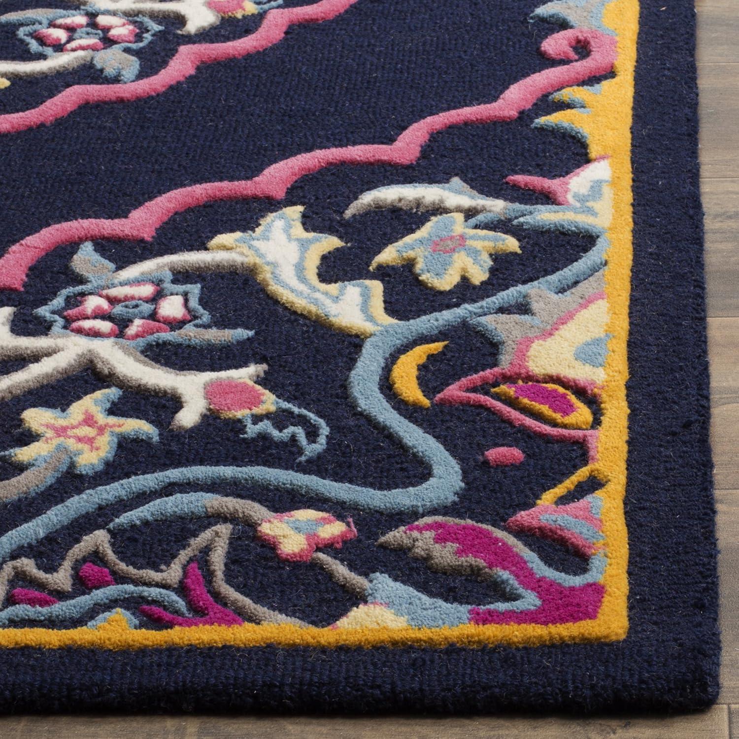 SAFAVIEH Bellagio Rio Floral Wool Area Rug, Navy Blue/Multi, 3' x 3' Square