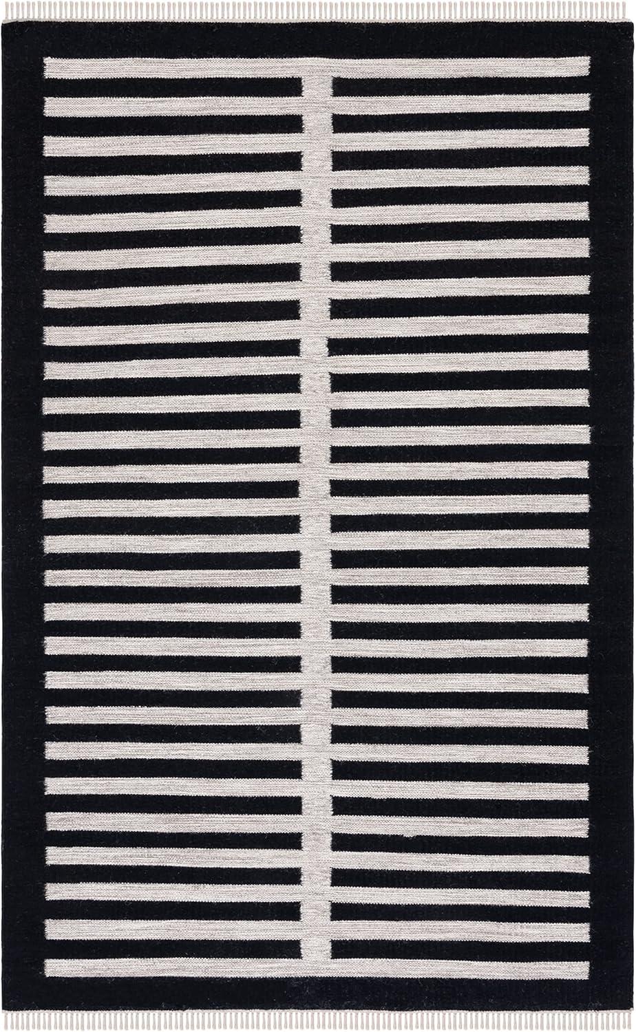 Beige and Black Wool Flat Woven Striped Rug, 3' x 5'