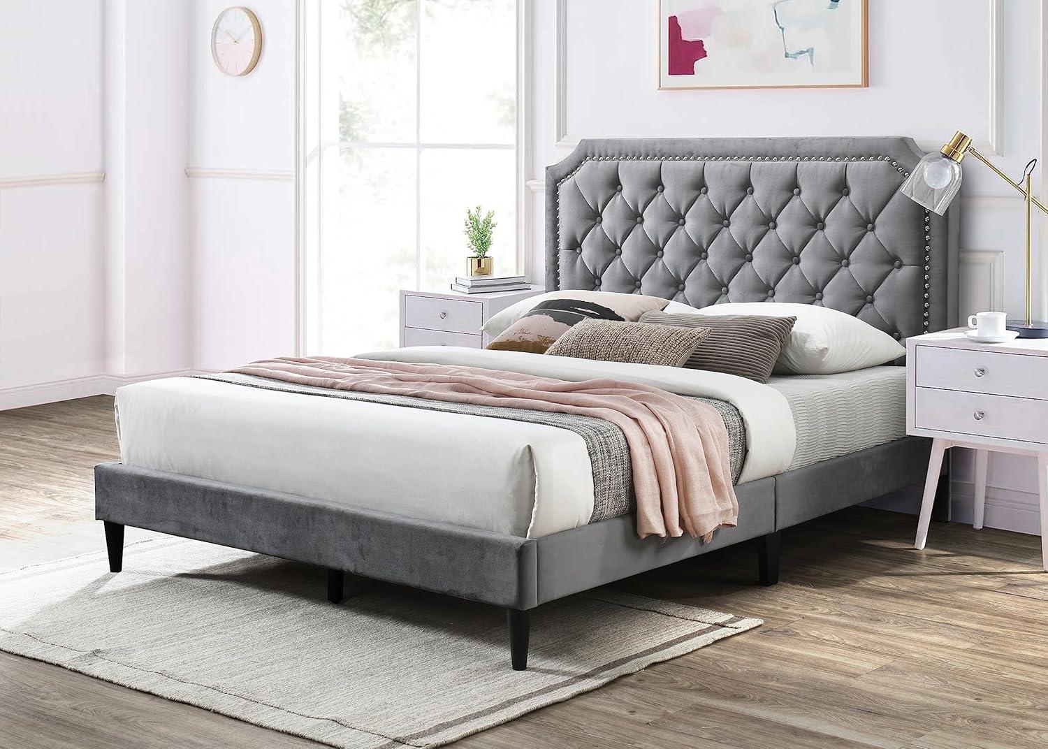 Ava Charcoal Velvet Tufted Queen Bed with Nailhead Trim