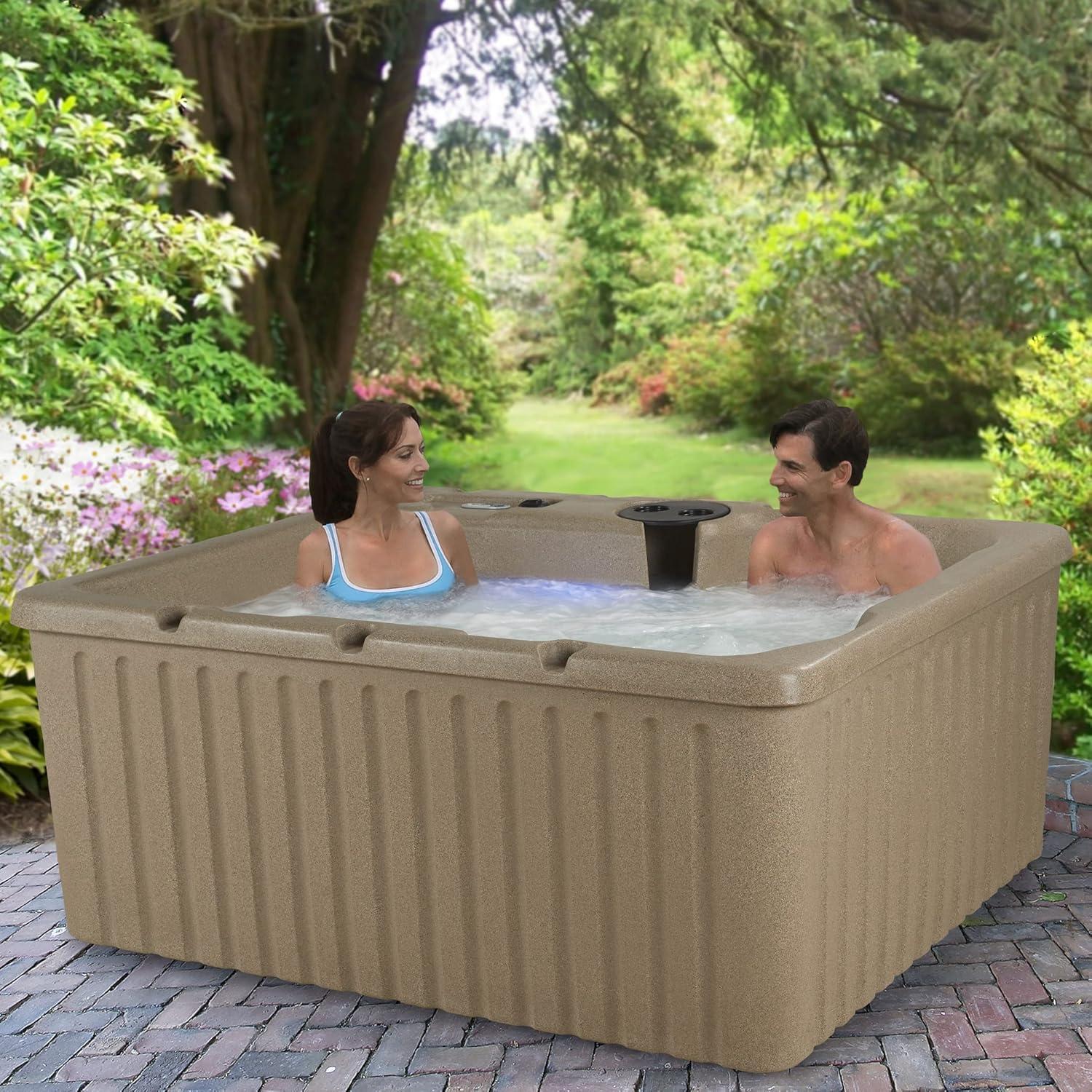 Beige 4-Person Electric Rectangle Hot Tub with Jets