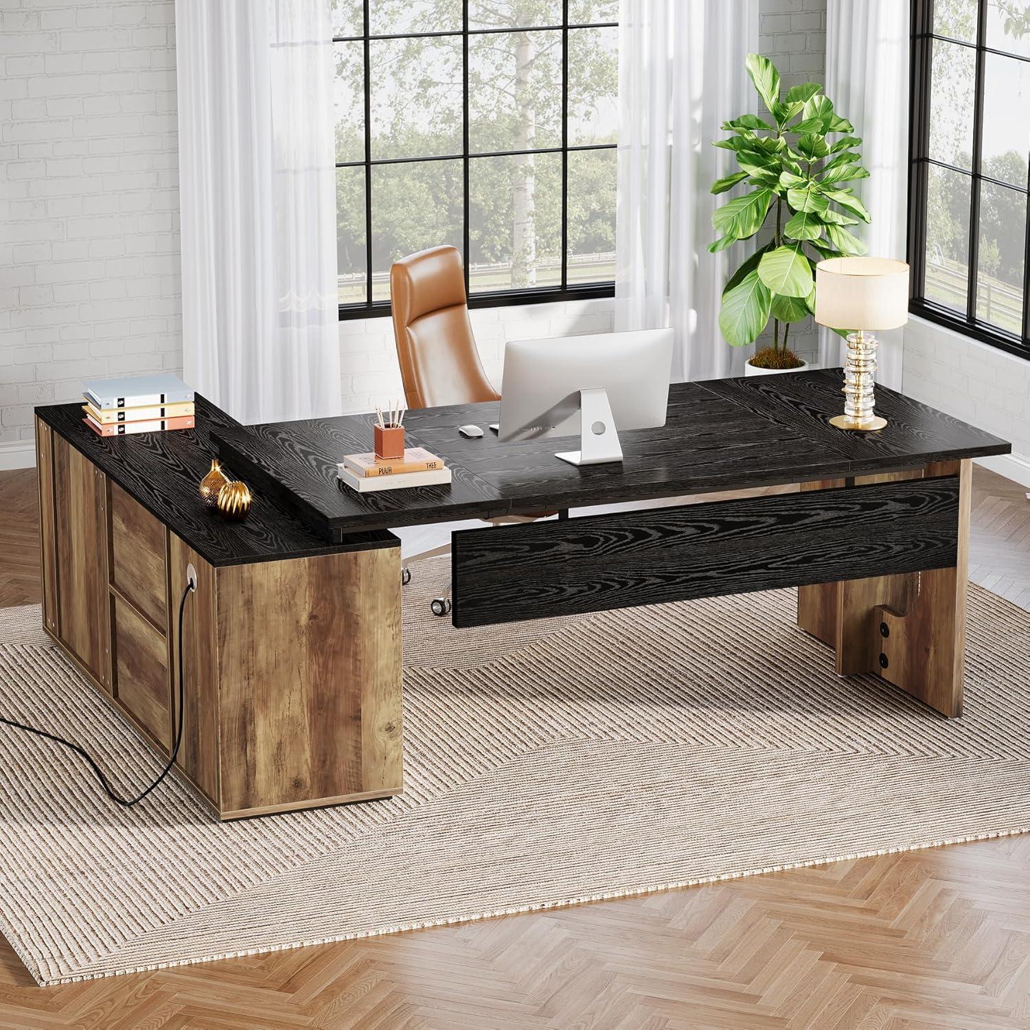 Tribesigns 74.8 Inch Executive Desk, Large Office Desk with Cabinet, L Shaped Computer Table with Shelves and CPU Storage, Modern Home Office Desks Business Furniture Workstation Set