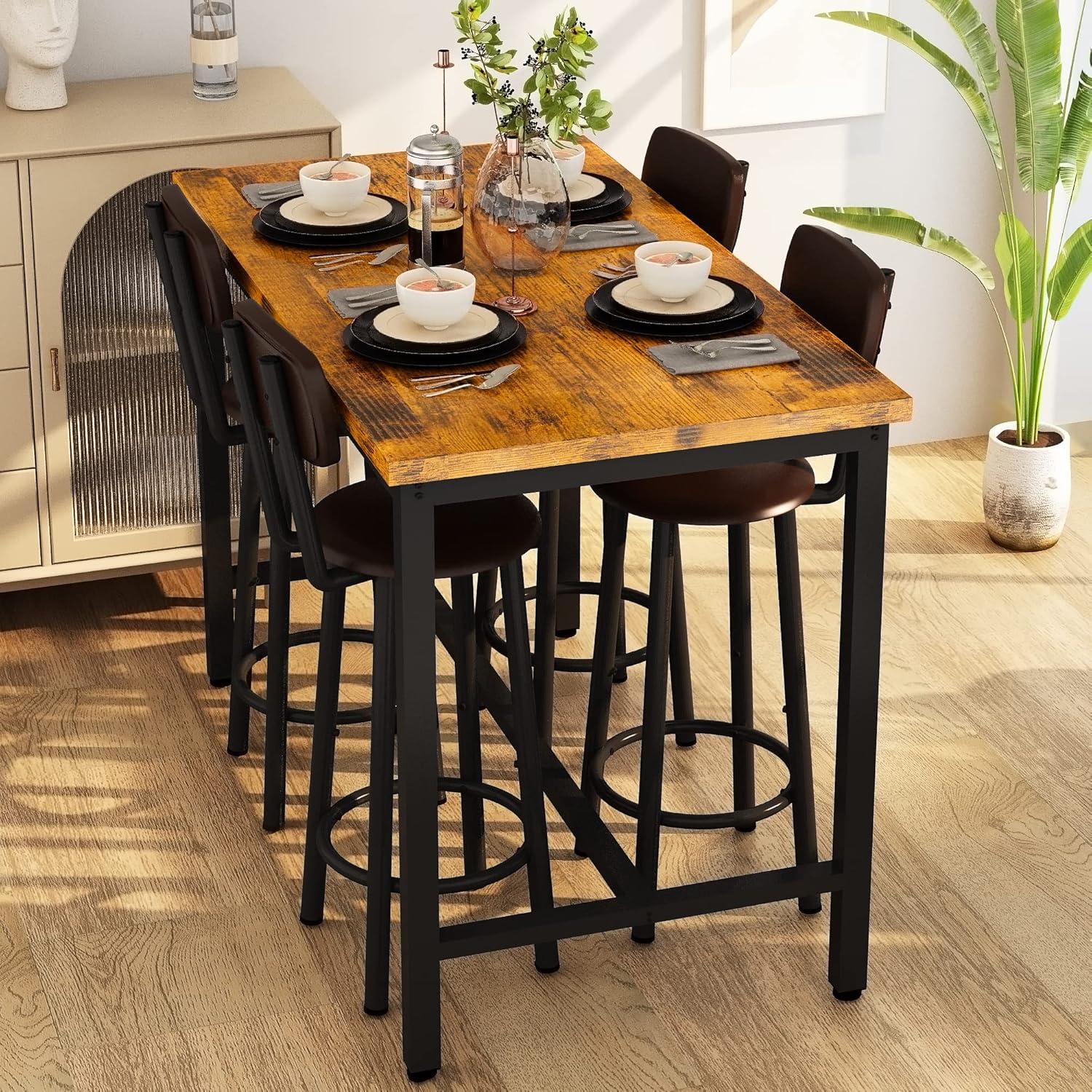 Recaceik Bar Table and Chairs Set Industrial Counter 35.4"H Table Set with 4 PU Upholstered Stools