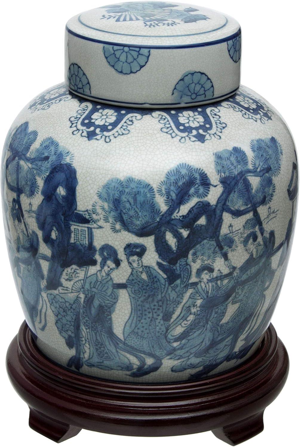 10" Ladies Blue & White Porcelain Ginger Jar