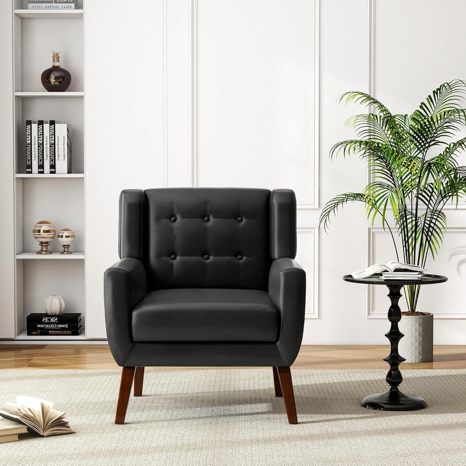 UIXE Faux Leather Accent Chair Upholstered Comfortable Armchair Modern Bedroom Chairs with Solid Wooden Legs, Brown