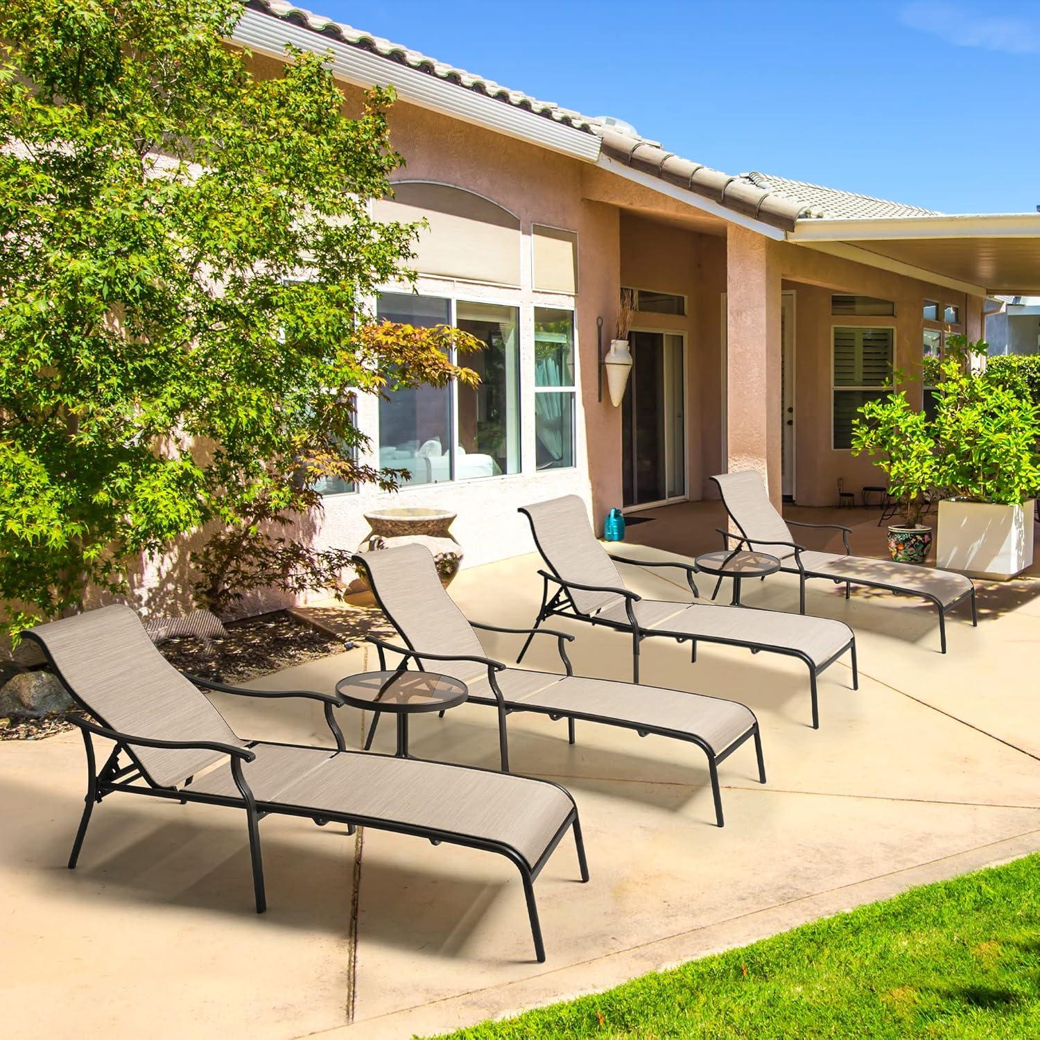 HAPPATIO Patio Chaise Lounge Set 3 Pieces,Patio Lounge Chair with Glass Coffee Table,Pool Lounge Chair with Breathable Textilene Fabric,Patio Chaise Lounge for Patio Backyard Poolside(Gray)