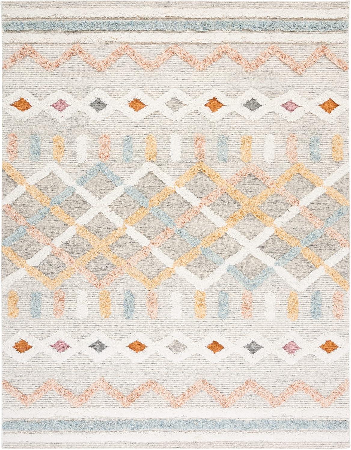 Ivory and Blue Hand-Knotted Wool Tribal Area Rug