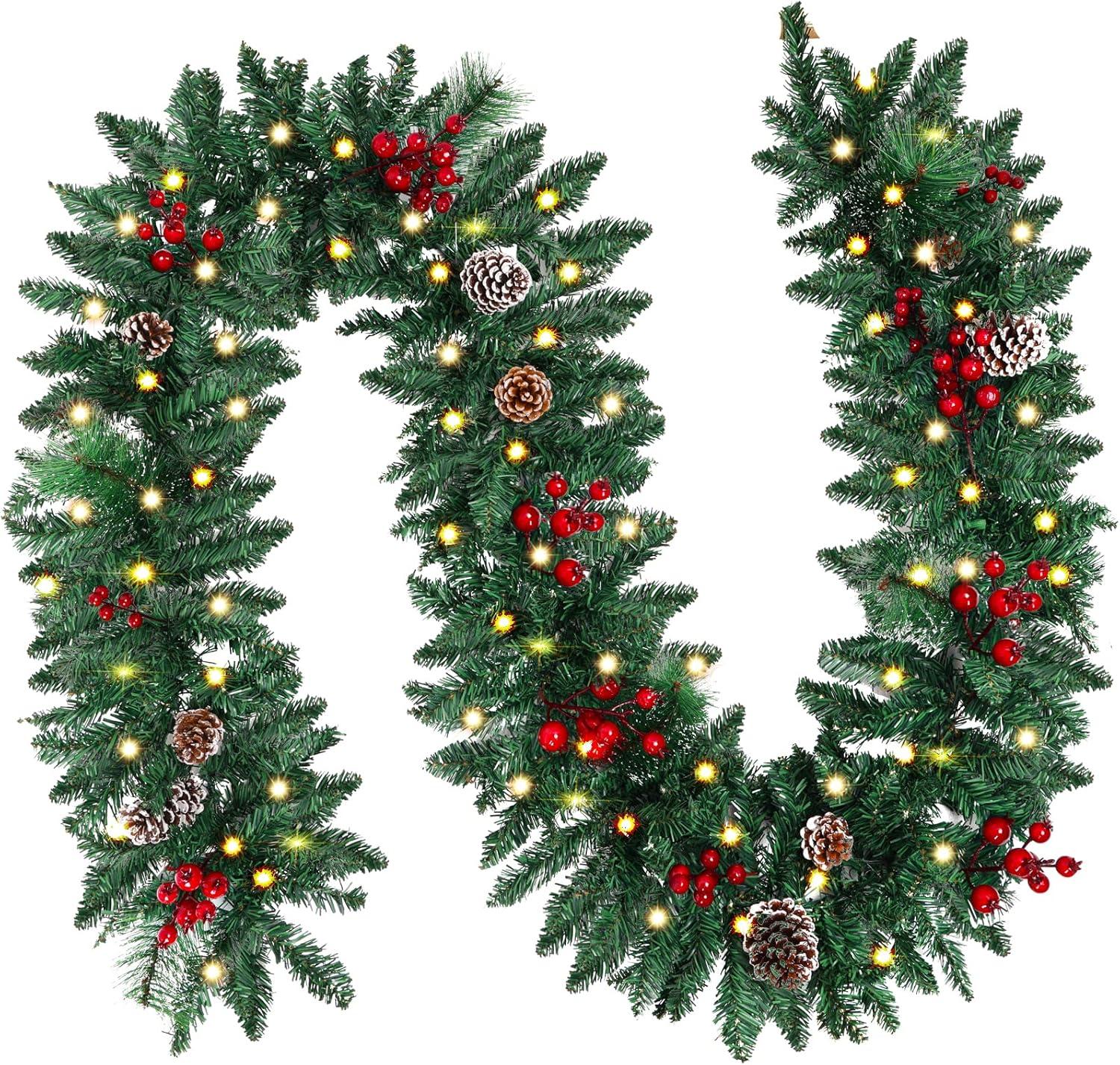 Cyinyin 9 FT Artificial Christmas Garland, Christmas Garland with 50 LED Lights, Garlands for Decoration Christmas with Pinecones Red Berries Pine Needles for Xmas Mantle Table Indoor Outdoor Decor