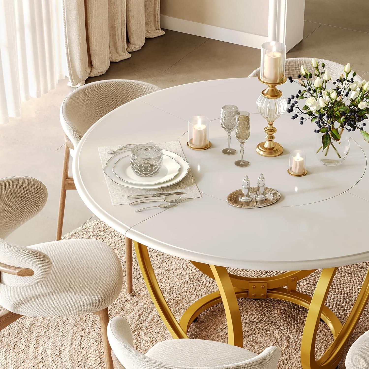 47 inch Dining Table for Dining Room, 4 People Round Dinner Table white & Gold