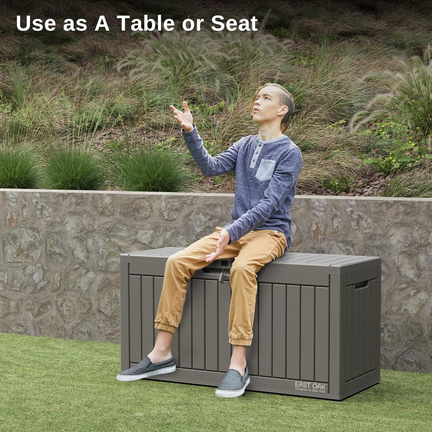 East Oak 60 gal Waterproof Resin Deck Box Gray: Easy-Move Handles, Secure Lock, Bench Seating